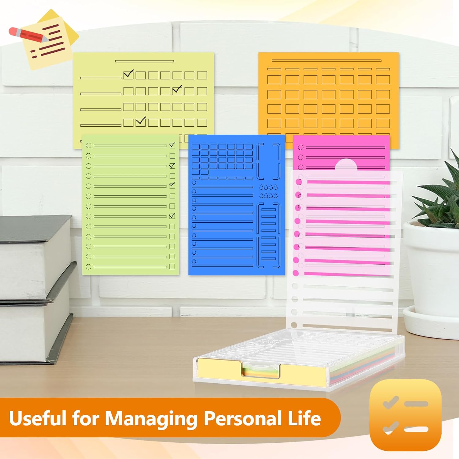 4 x 6 Sticky Notes Holder with 5 Different Stencil & 100 Sheet Post It Notes Clear Acrylic Self-Stick Sticky Note Dispenser Post It Note Holder Memo Organizer for Classroom Office Desk Organizer