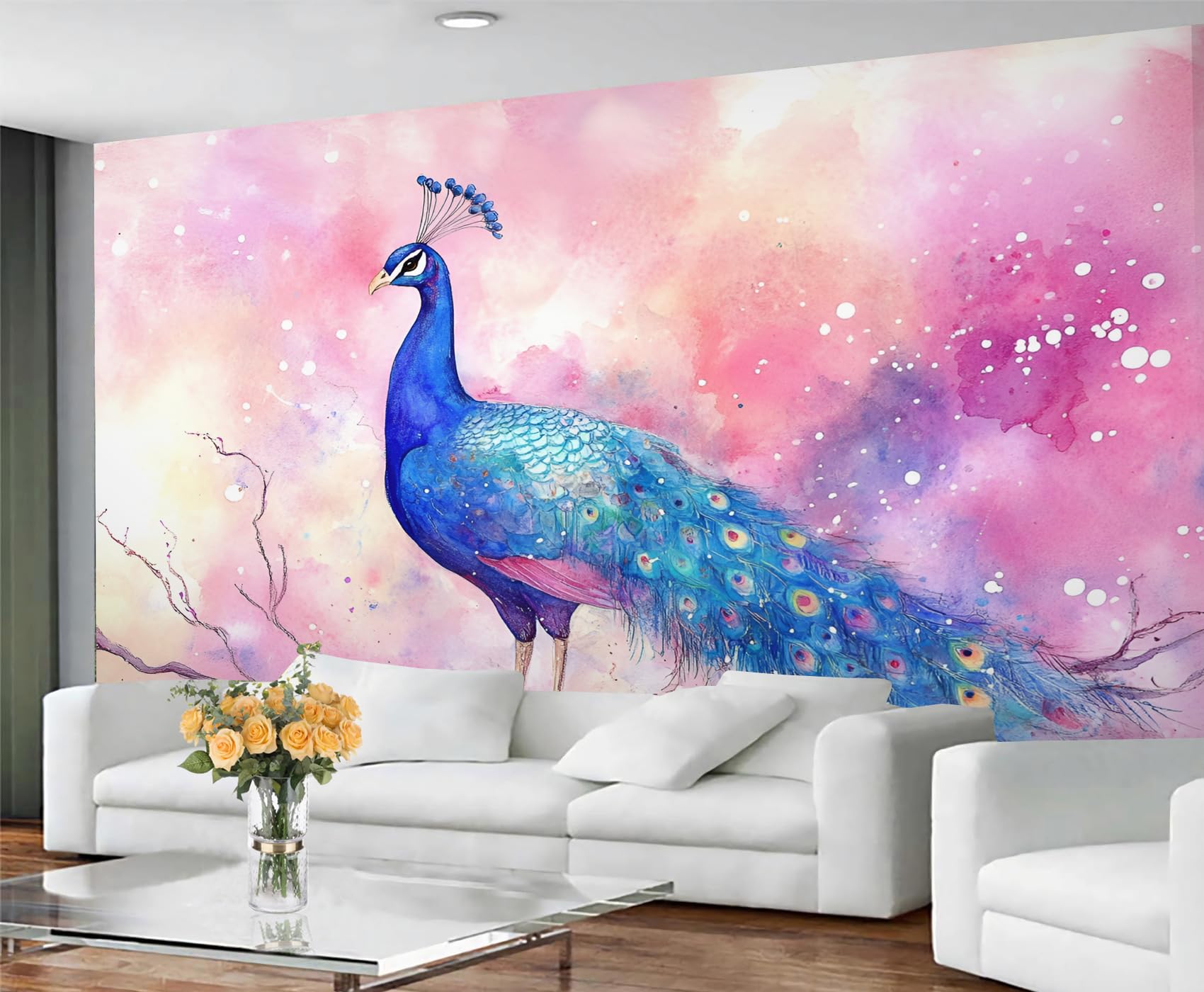 GIVLWF Pastel Peacock Wallpaper, Peacock Feather Self Adhesive Wallpaper for Living Room, Beautiful Animal Wall Paper for Bedroom, Watercolor Bird Wall Mural, Oriental Large Mural & Room Decor