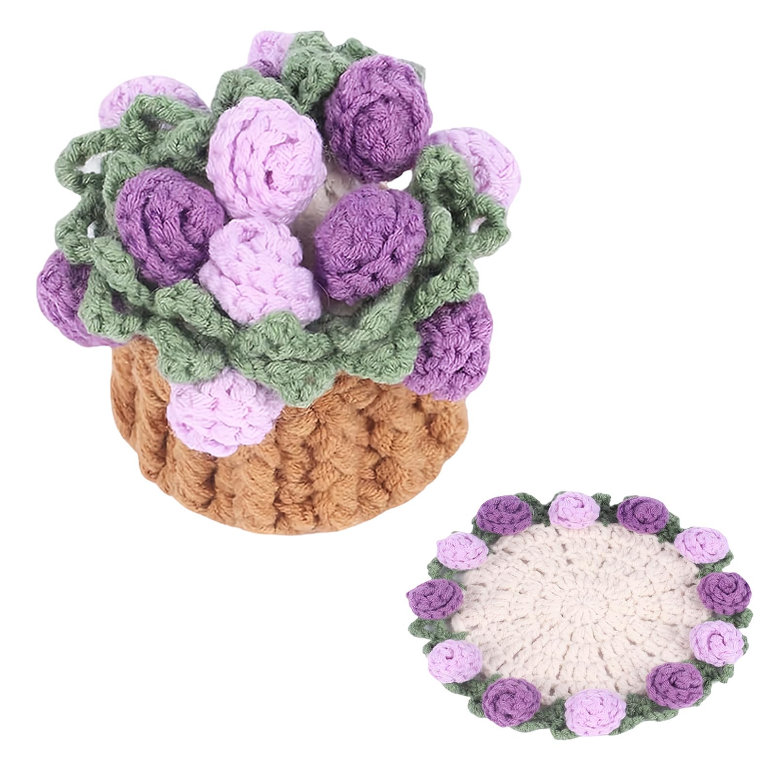 Richaa Crochet Purple Rose Flower Bouquet Coaster with Mini Basket, Handmade Knitted Boho Floral Coasters, Romantic Gift for Mother's Day Birthday Home Decor Valentine's Day Anniversary