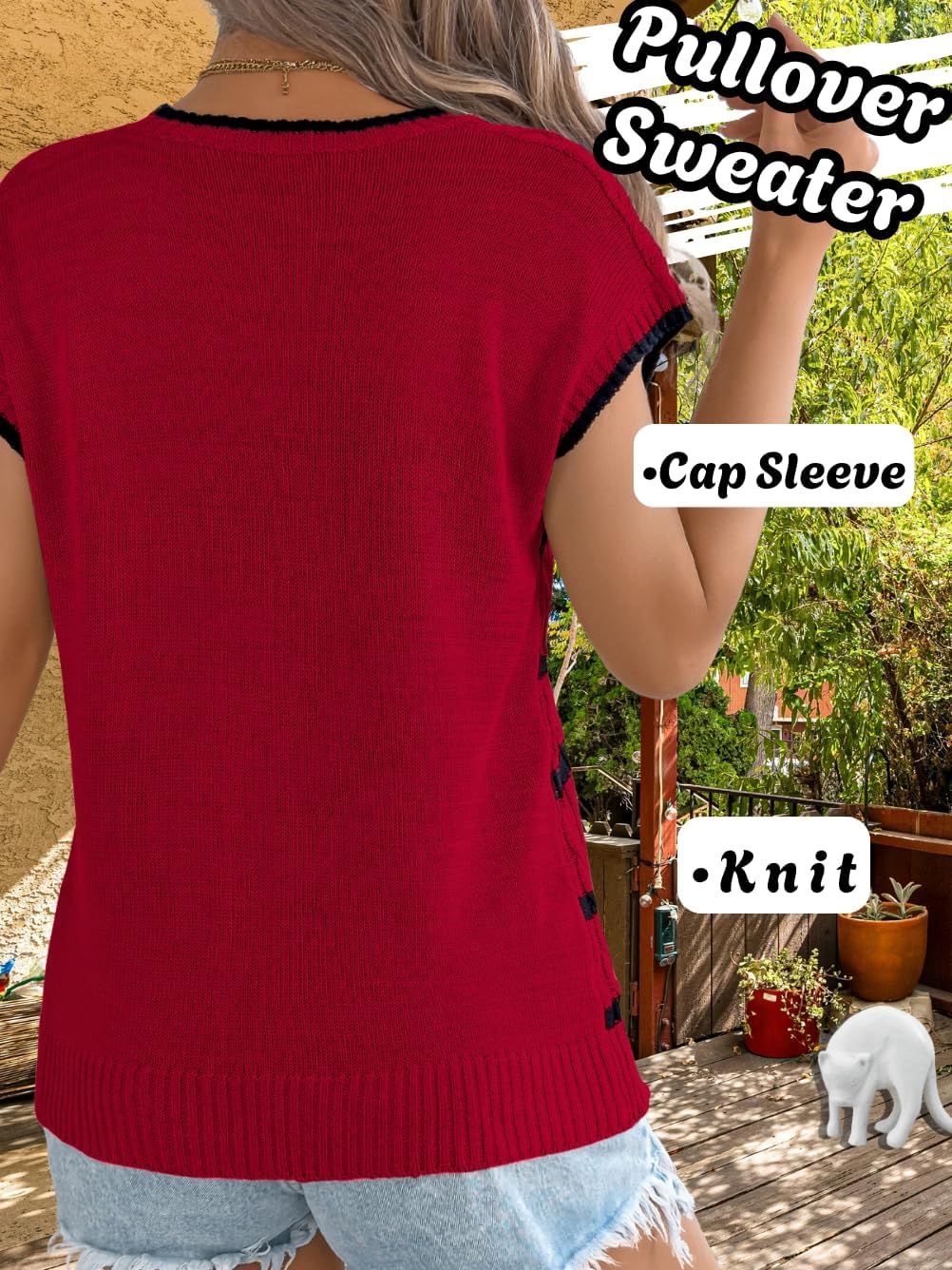 Women Summer Sleeveless Sweater Vest, Crew Neck Striped Cap Sleeve Cable Knit Tank Tops, Work Casual Outfit Going Out - Image 3