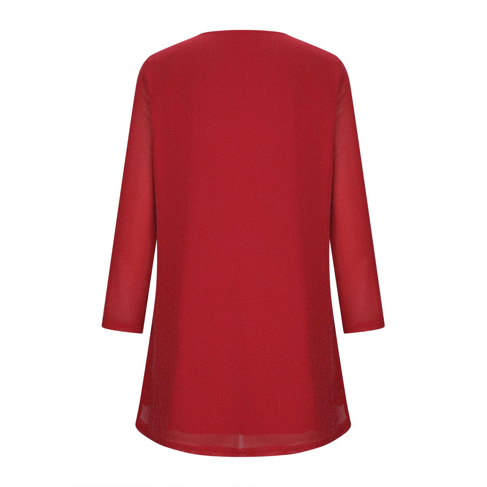 Blusa de lentejuelas para mujer, elegante, manga 3/4, brillante, doble capa, de malla, estilo casual, cuello redondo, plisada, camiseta moderna y elegante, para fiesta, blusa holgada