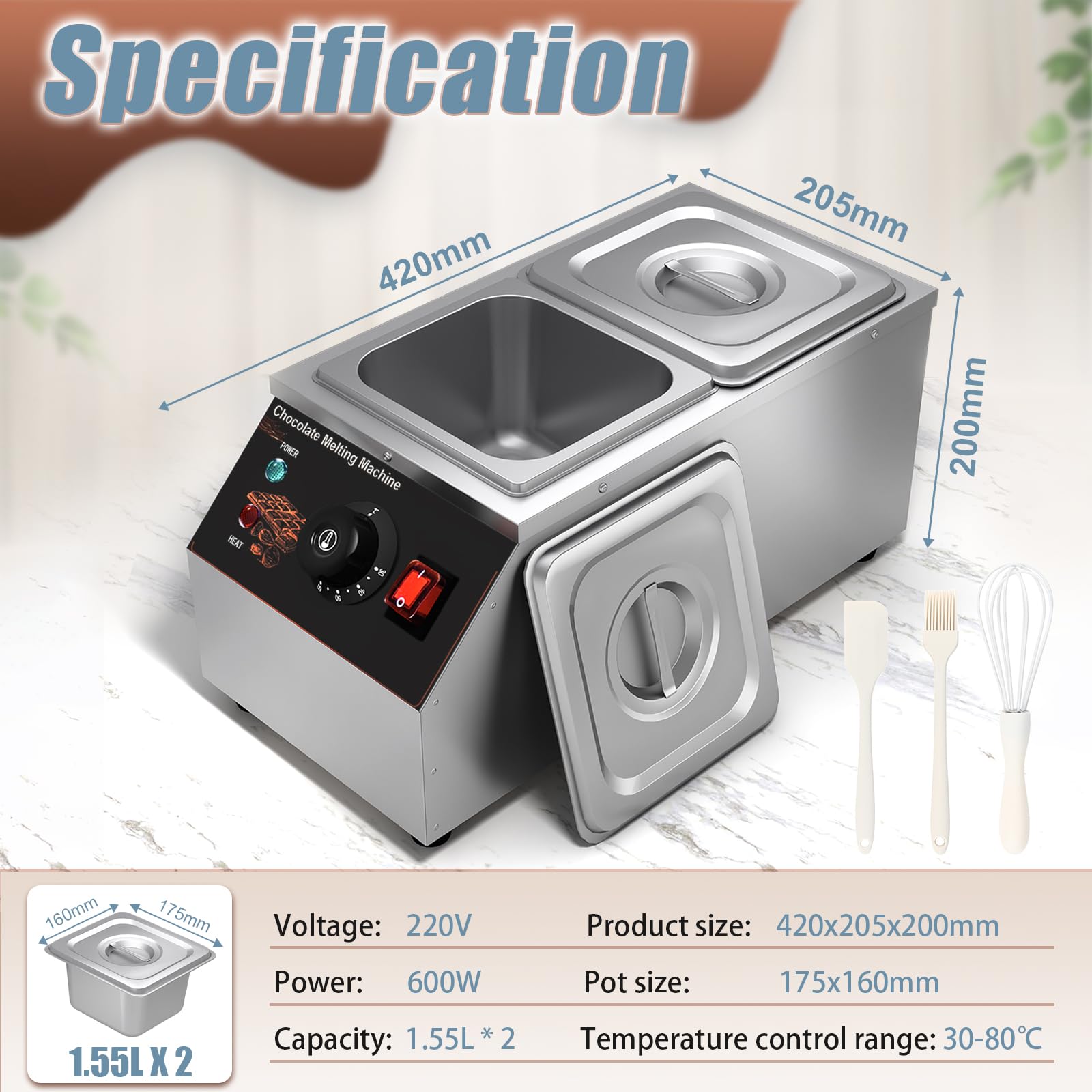 Schokolade Schmelztiegel, Temperiergerät Schokolade Temperiermaschine mit 2 Töpfen Kommerzielle Elektrische Schokolade Schmelzgerät Edelstahl, 2x1/6 GN Behälter Schokolade Schmelzmaschine Topf
