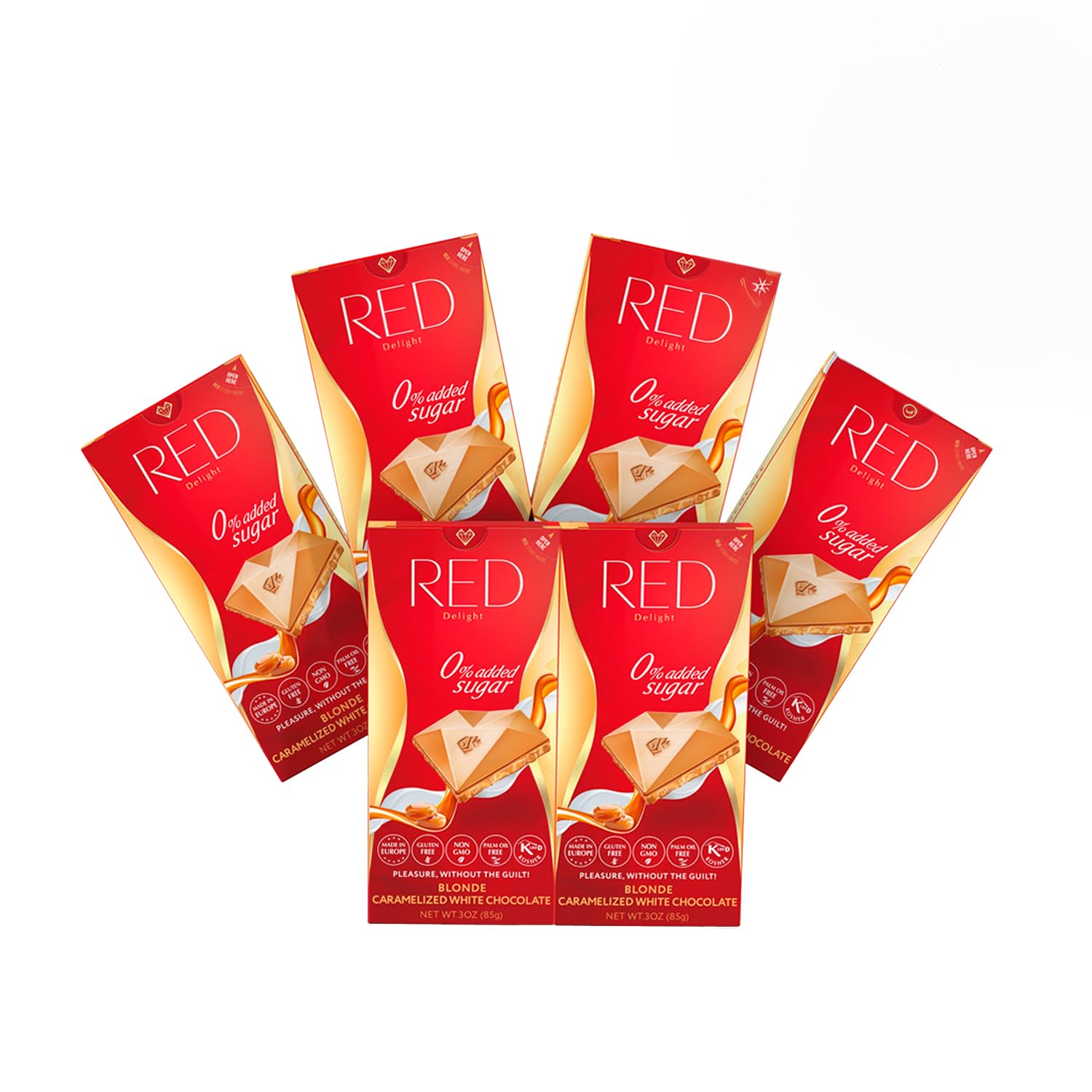 Red Delight Caramelized White Chocolate Bars - Pack of 6 - No Added Sugar, Reduced Calories and Fat - Full-Size Chocolate Treats for Gifting and Indulgence