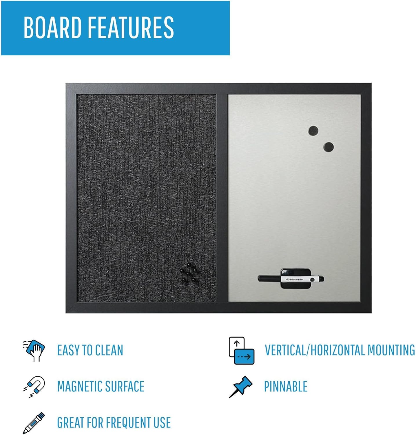 MasterVision 18" x 24", Dry Erase Whiteboard & Bulletin Board Combo, Stylish Metallic Silver, Textured Black Fabric Push Pin Board, Black Wood Frame