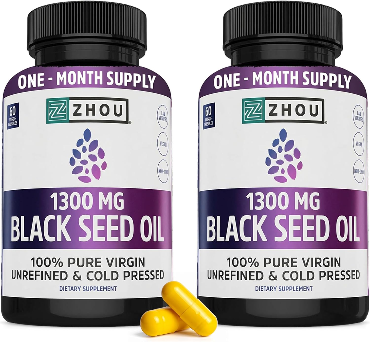 ZHOU Black Seed Oil Capsules - Black Cumin Seed Oil Cold Pressed, Nigella Sativa, Pure Unrefined Blackseed, Premium Supplement for Health, Hair & Skin w/Thymoquinone - 60 Capsules (Pack of 2)