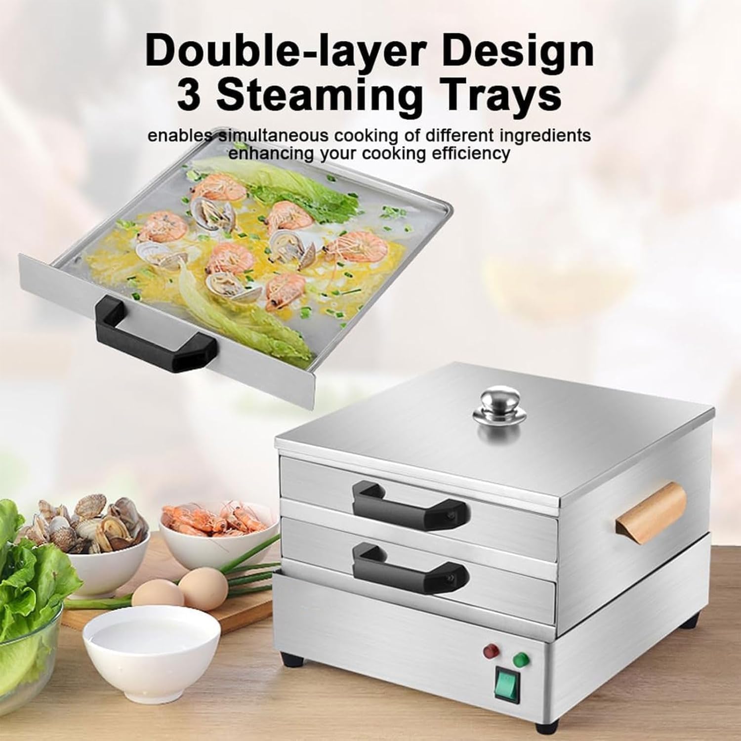 Rotoli di riso per noodle, 2000 W, vaporiera in acciaio inox con 3 vassoi sostituibili e timer per riscaldamento di panini da cucina e ristorante, vapore commerciale