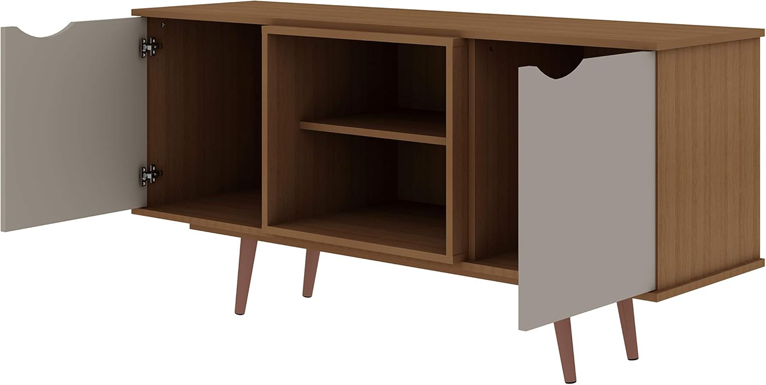 Manhattan Comfort Hampton 53.54 TV Stand with 4 Shelves and Solid Wood Legs in Off White and Maple Cream