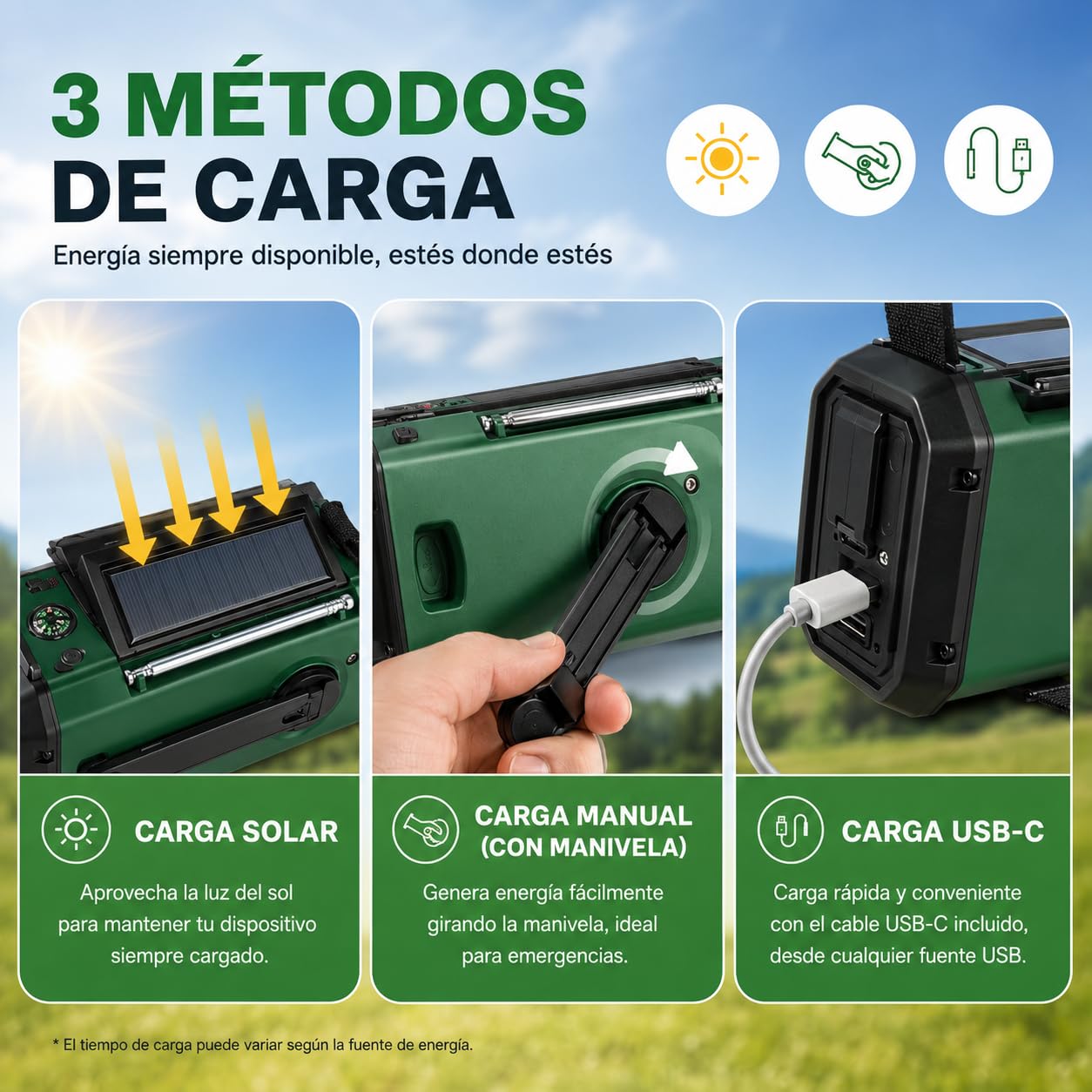 Winnes 20000 mAh Radio de Emergencia Portátil,Radio FM/Am con lámpara de Lectura, Alarma SOS, brújula,generador de manivela y Carga Solar, para Exteriores Carga de Emergencia para Smartphones (Verde)