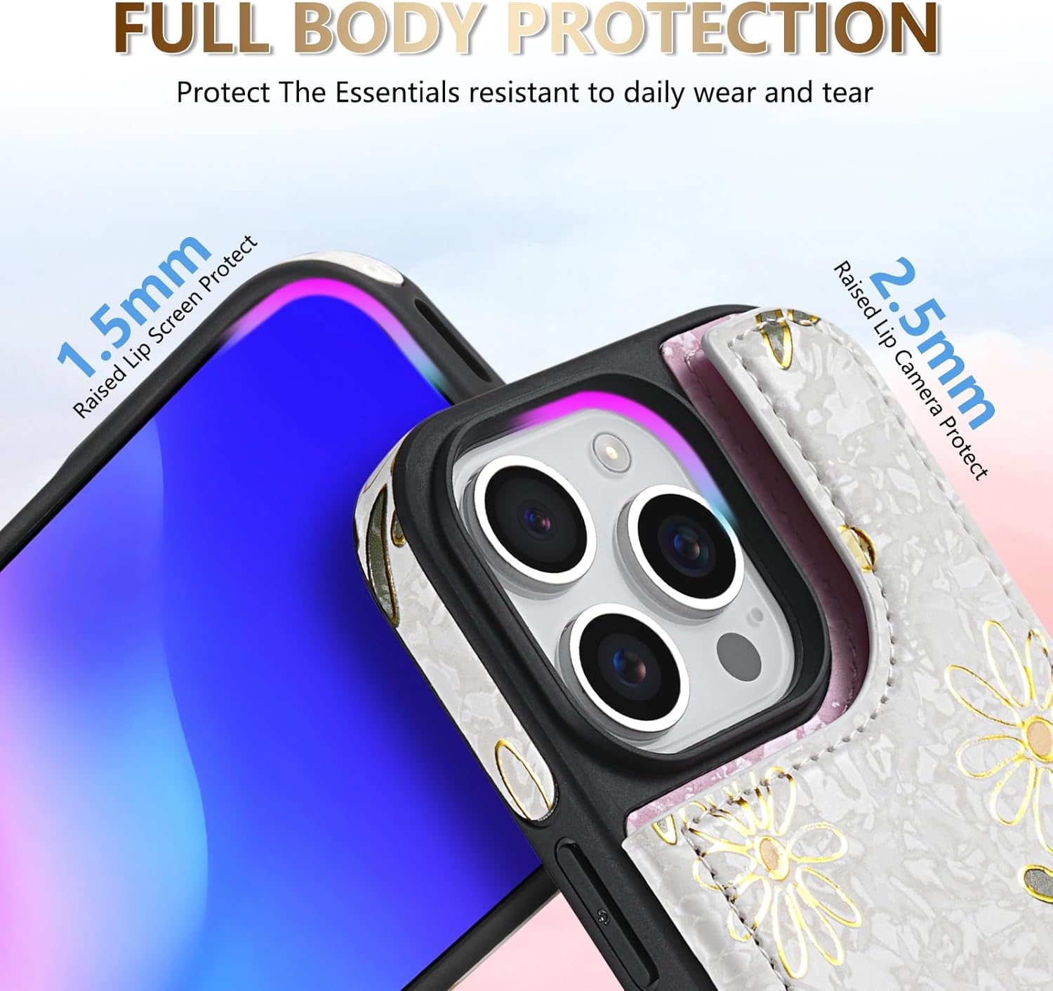 NNH Compatible with iPhone 16 Pro Max Wallet Case with RFID Blocking Card Slots Folio Flip PU Leather Kickstand Double Magnetic Clasp Design Cover for iPhone 16 Pro Max(6.9 inch-White Little Daisy) - Image 4