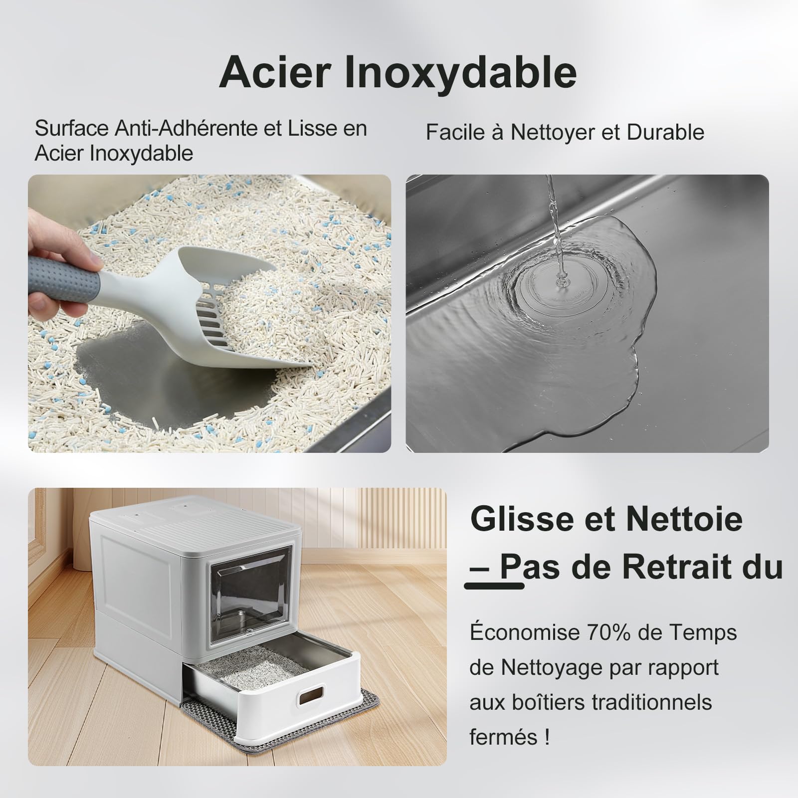 Marchul Bac à Litière pour Chat, Bac à Litière Fermé en INOX avec Couvercle et Tiroir, Large, avec Chicanes Anti-Fuites, Pelle et Tapis, sans Odeur, avec Socle amélioré