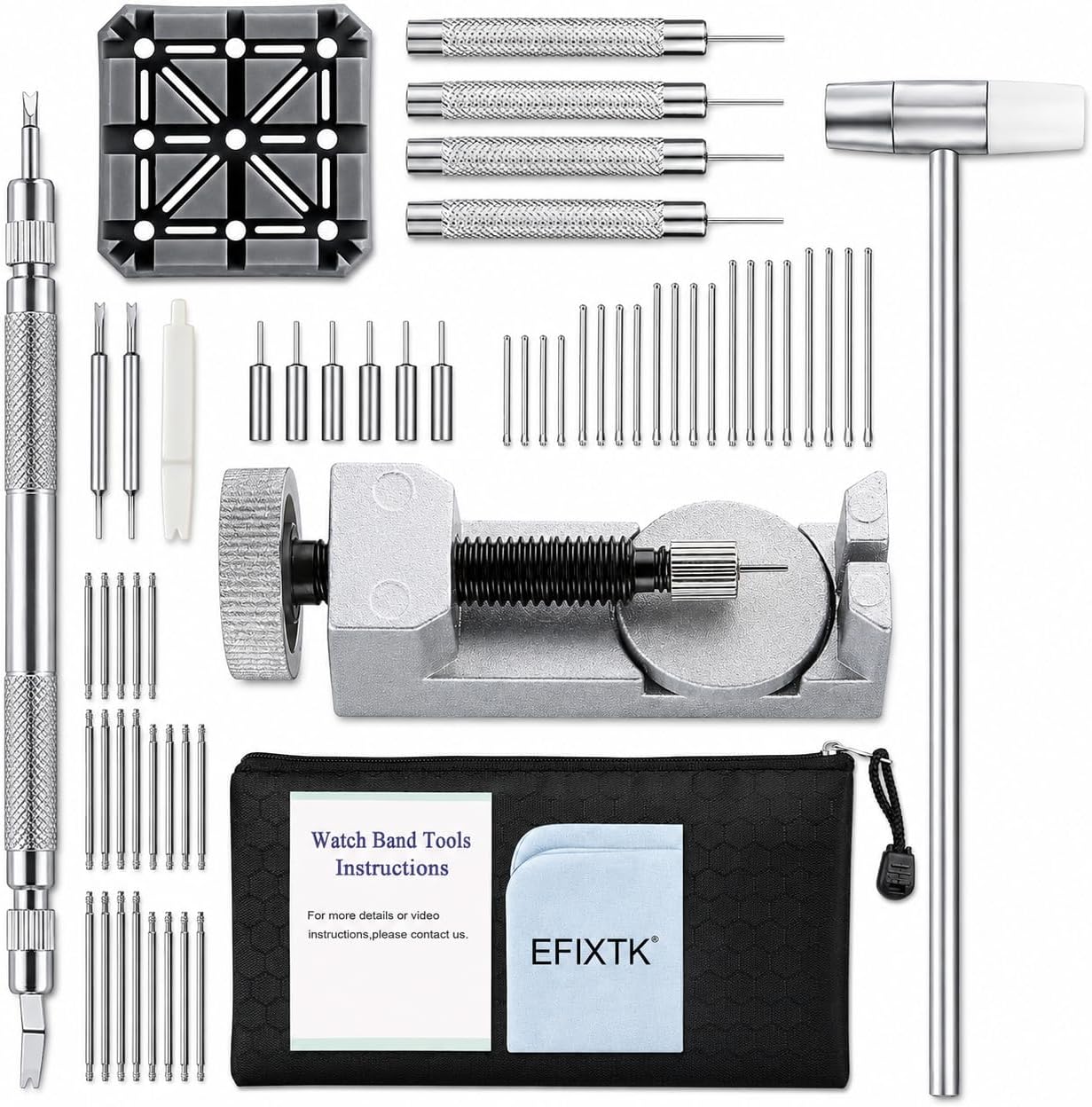 DIY Crafts Watch Band Strap Link Pins Remover Repair Tool,24 in 1 Kit with 3 Extra Tips Replacement,20PCS Cotter Pin,1PCS Holder,1PCS Head Hammer,1PCS Tweezers,1PCS Glasses Cloth