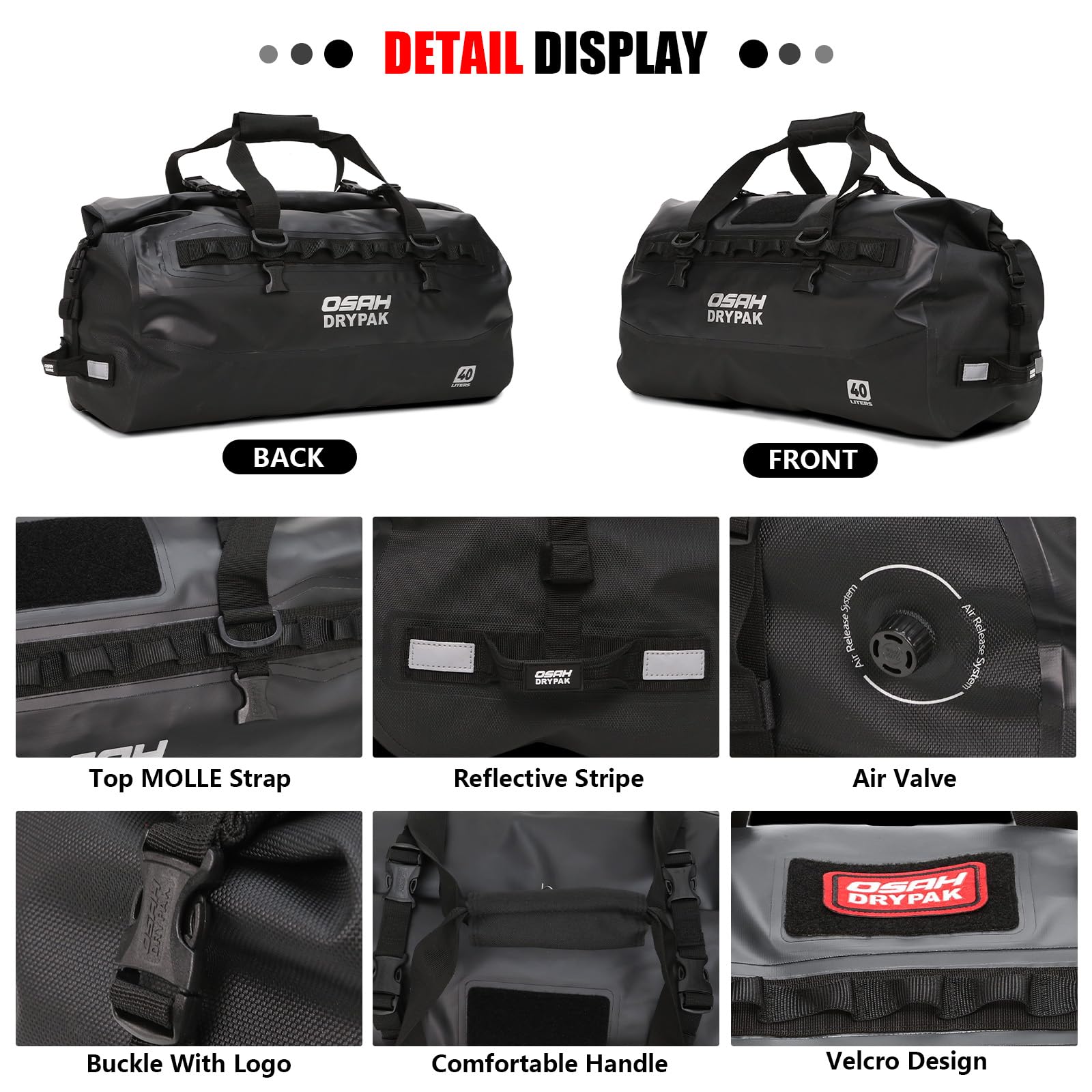 Bolsa impermeable para moto, 40 l, con gran espacio de almacenamiento, con cremallera exterior, para camping, kayak, pesca y viajes, gris, 40L, Bolsa de ropa