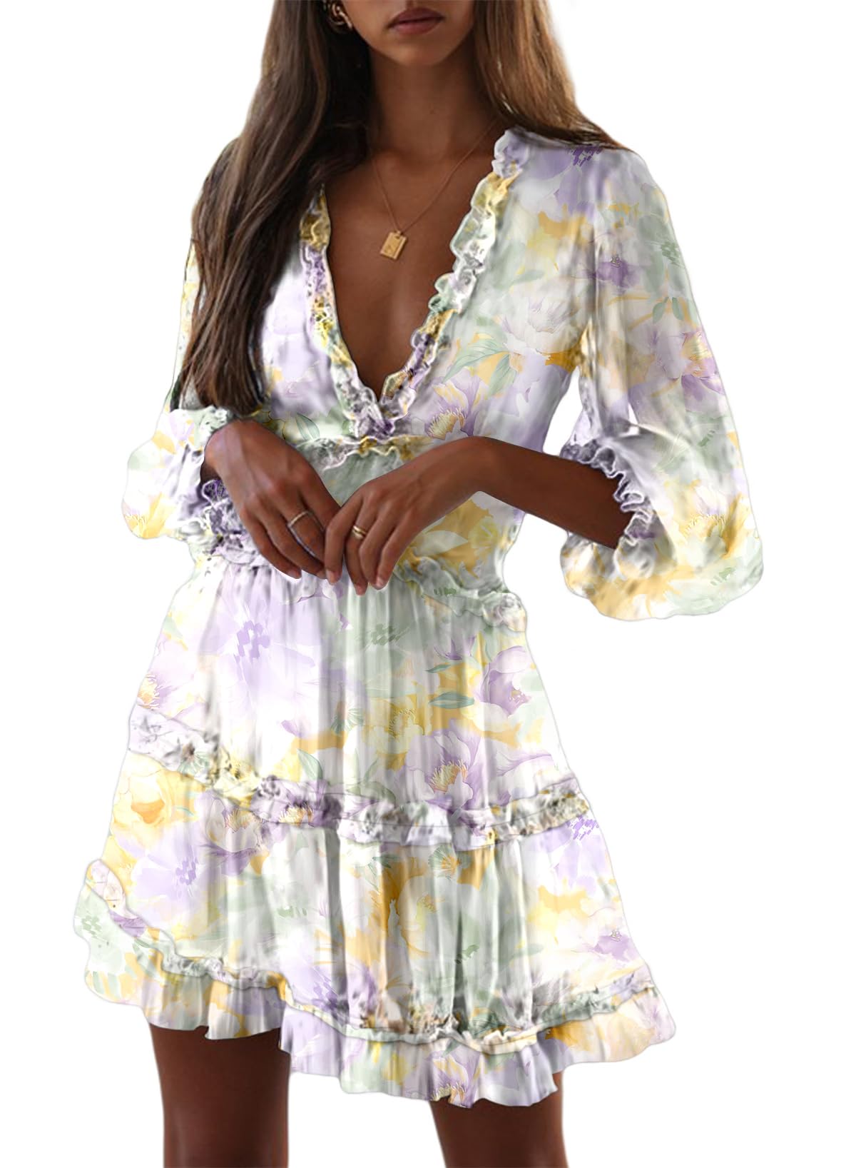 Dokotoo Womens 2025 Spring Summer Deep V Neck Long Sleeve Backless Ruffle Floral Flowy Mini Dress