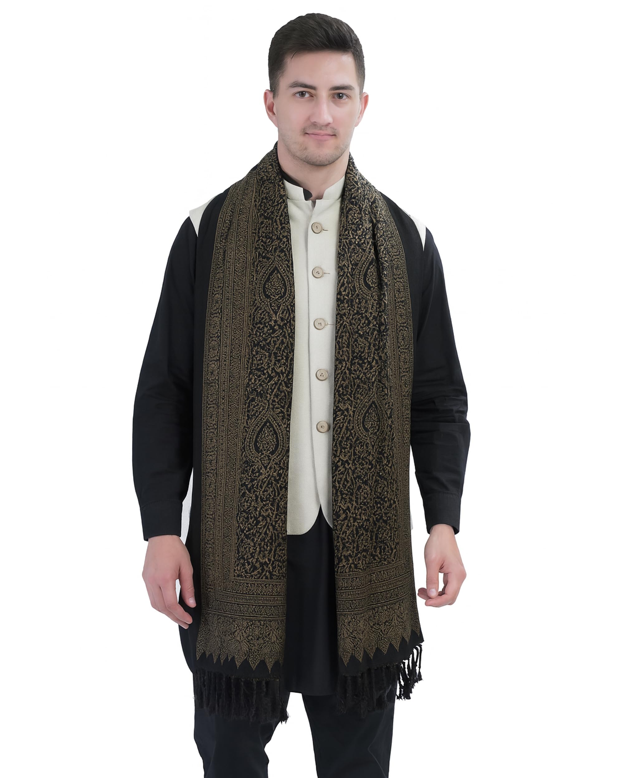 Men’s Kashmiri Woolen Shawl | Traditional Paisley & Floral Design Winter Stole | Soft Wool Wrap with 4 Side Border | Ethnic & Casual Wear-picture-22