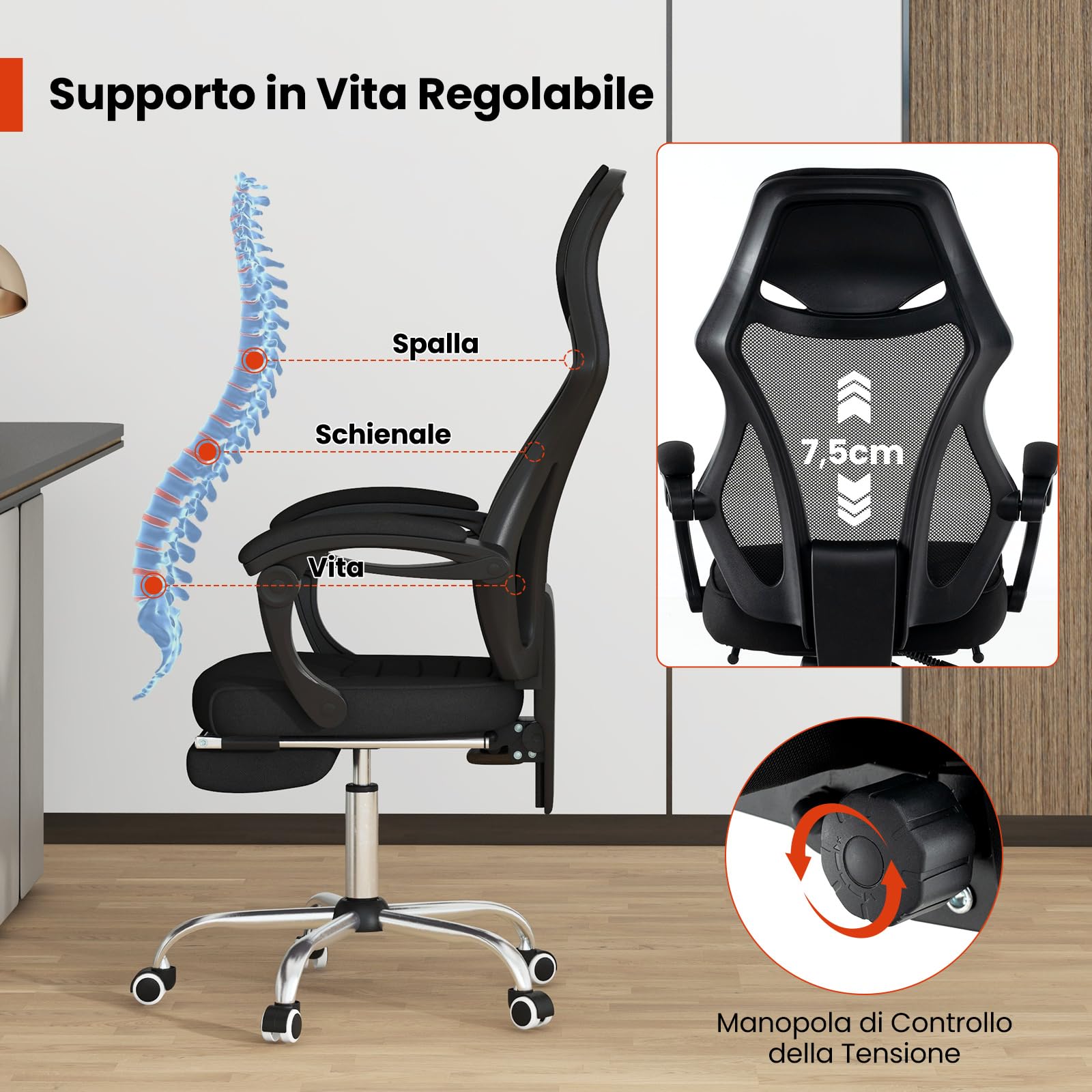 GYMAX Sedia da Scrivania per Computer, Sedia da Ufficio Ergonomica in Mesh Regolabile in Altezza con Schiena Inclinabile, Braccioli, Testiera, Sedia Girante Reclinabile per Sala Riunioni, Nera