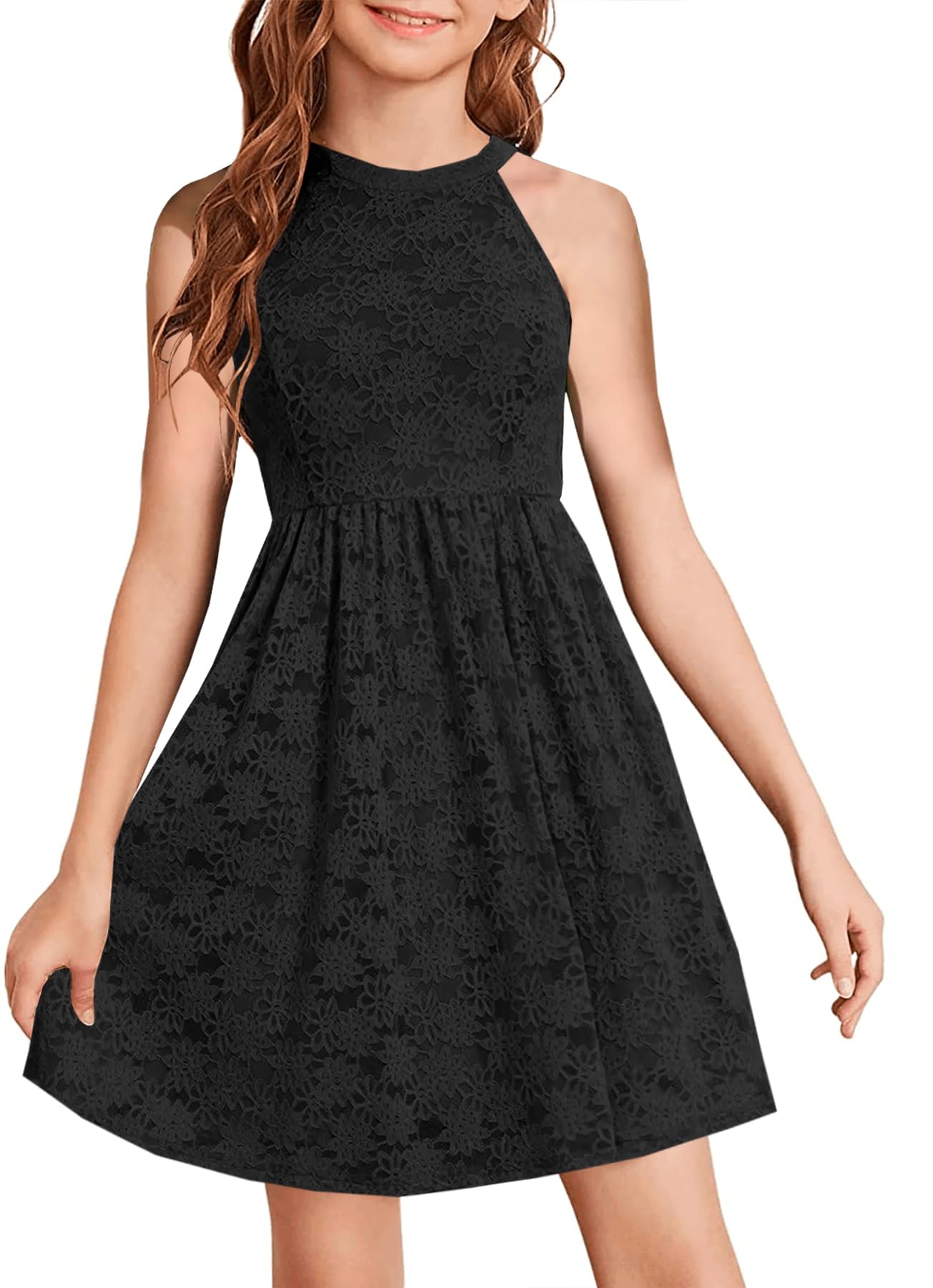 HOSIKA Flower Girl Dress Halter Neck Elegant Floral Lace A-line Party Dress