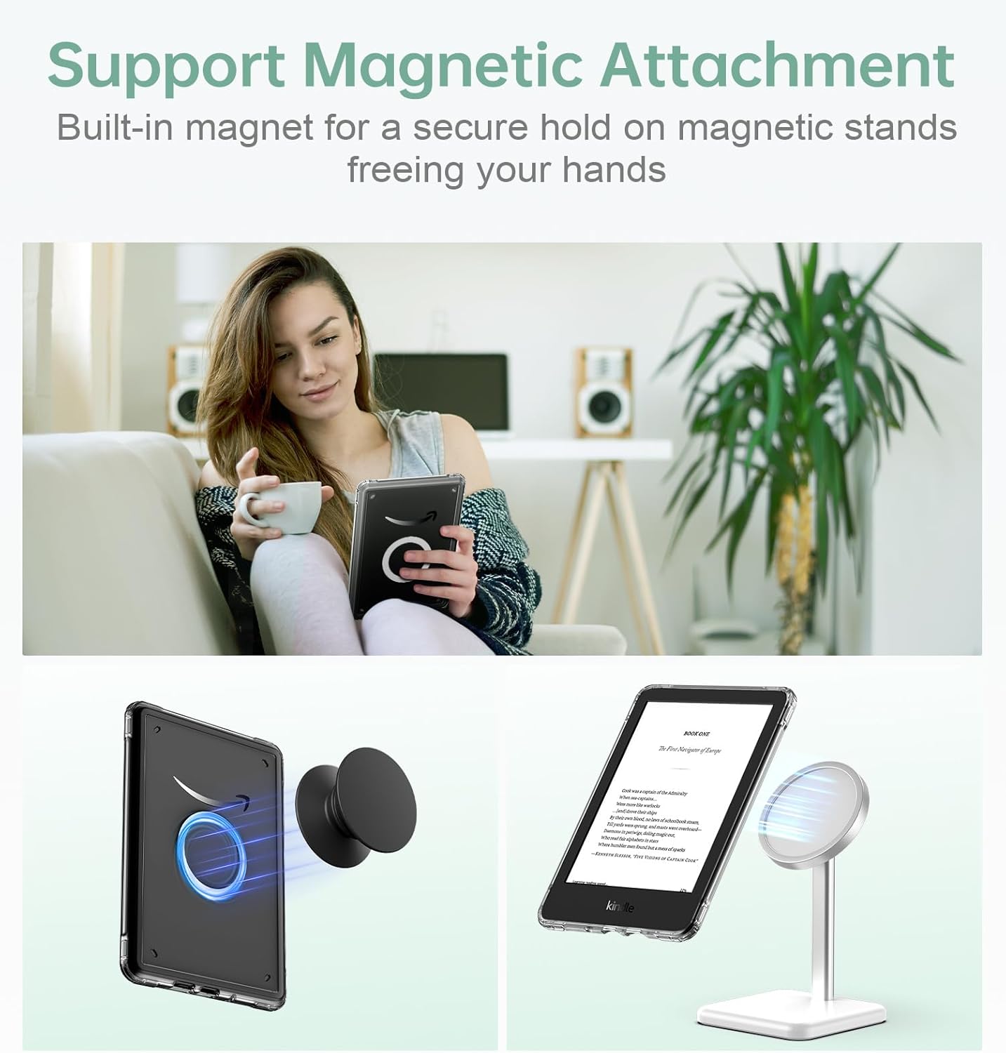 MoKo 360° Rotating Case for 6" All-New Kindle (11th Generation-2024/2022 Release), Clear Back Detachable Magnetic Protective Adjustable Stand Cover with Auto Wake/Sleep, Midnight Green
