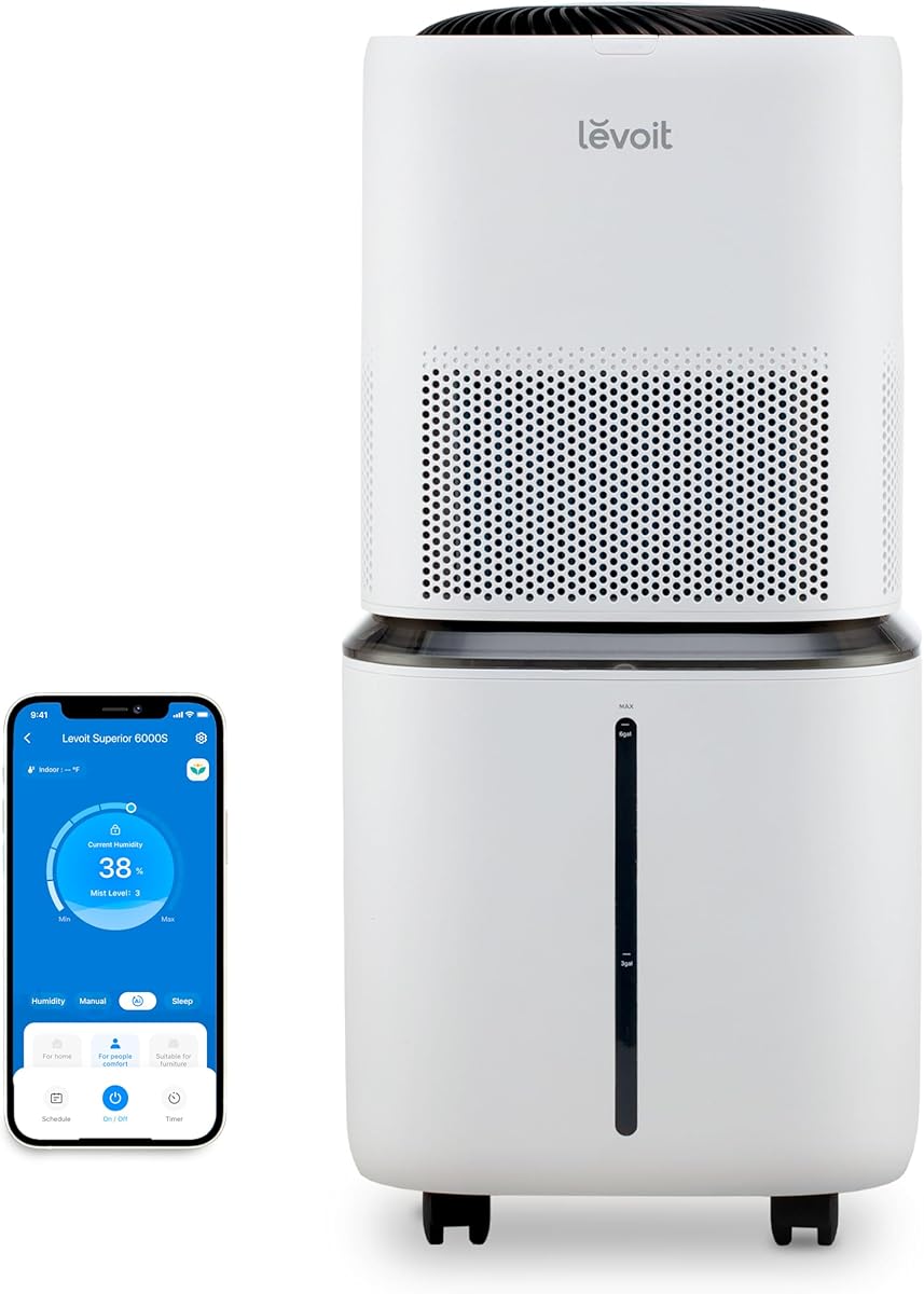 LEVOIT Evaporative Humidifier for Whole House, Covers Up to 3000ft², 22.7L Capacity, 72H Runtime, Smart Control, Top Fill, Foldable with Wheels, Dry Mode & Quiet Sleep Mode
