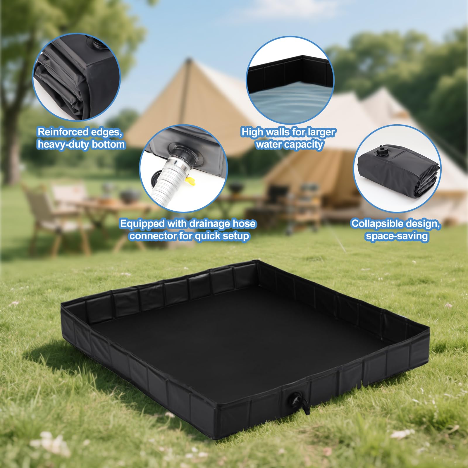 Baignoire pliable de camping 104 x 104 x 13 cm Baignoire portable avec évacuation, base de douche pliable, grande baignoire de tente pour camping-cars, camping, douche de plage et bain pour
