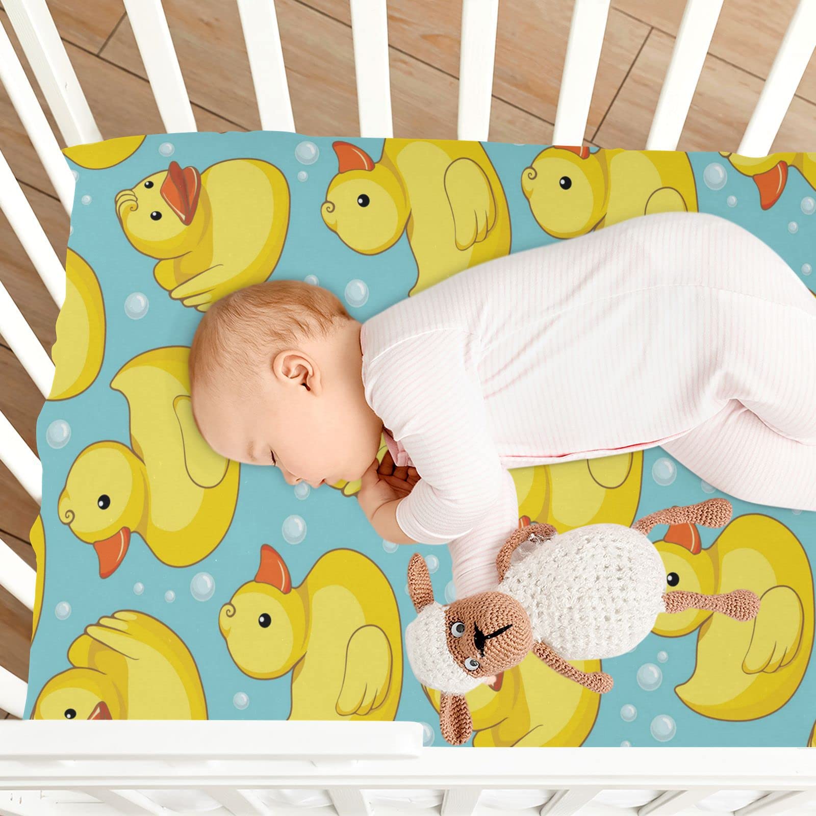 Spannbettlaken, Bettwäsche, Bettlaken für Kinderbett, süße gelbe Enten, weich, atmungsaktiv, pflegeleicht, Spannbetttuch für Babybett und Kinderbetten