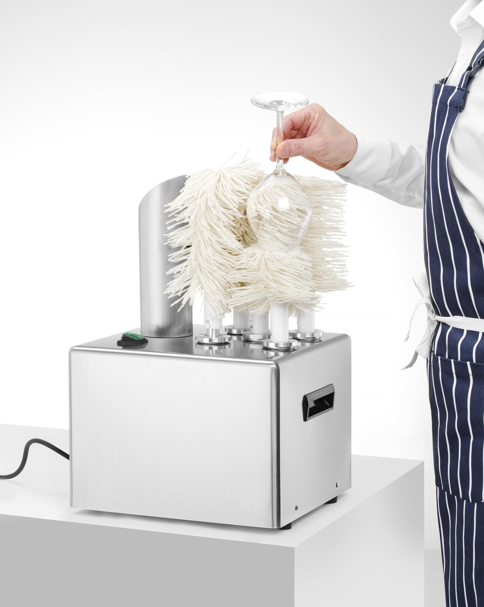 HENDI Lucidatrice per bicchieri in vetro, macchina professionale con 5 spazzole rimovibili per la lucidatura e l'asciugatura di bicchieri in vetro, 220-240V, 50/60Hz, 1350W, 330x305x(H)504mm, inox