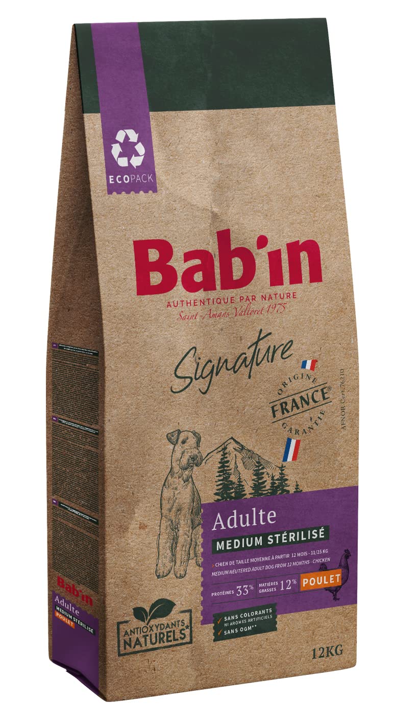 Bab'in Signature Medium Stérilisé 12KG - Croquettes pour Chiens Stérilisés de Tailles Moyennes - Naturelles, Saines et Équilibrées - Adaptées aux Besoins Nutritionnels - Riche en Poulet