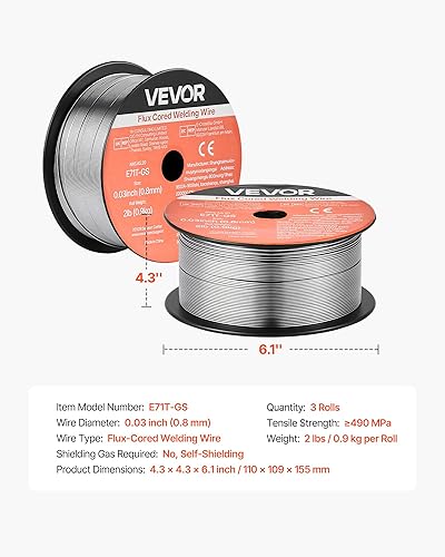 Miniatura 7 de VEVOR Flux Core - Cable de soldadura MIG, E71T-GS 0.03 pulgadas, 2 libras, alambre de soldadura de acero suave sin gas con salpicaduras bajas