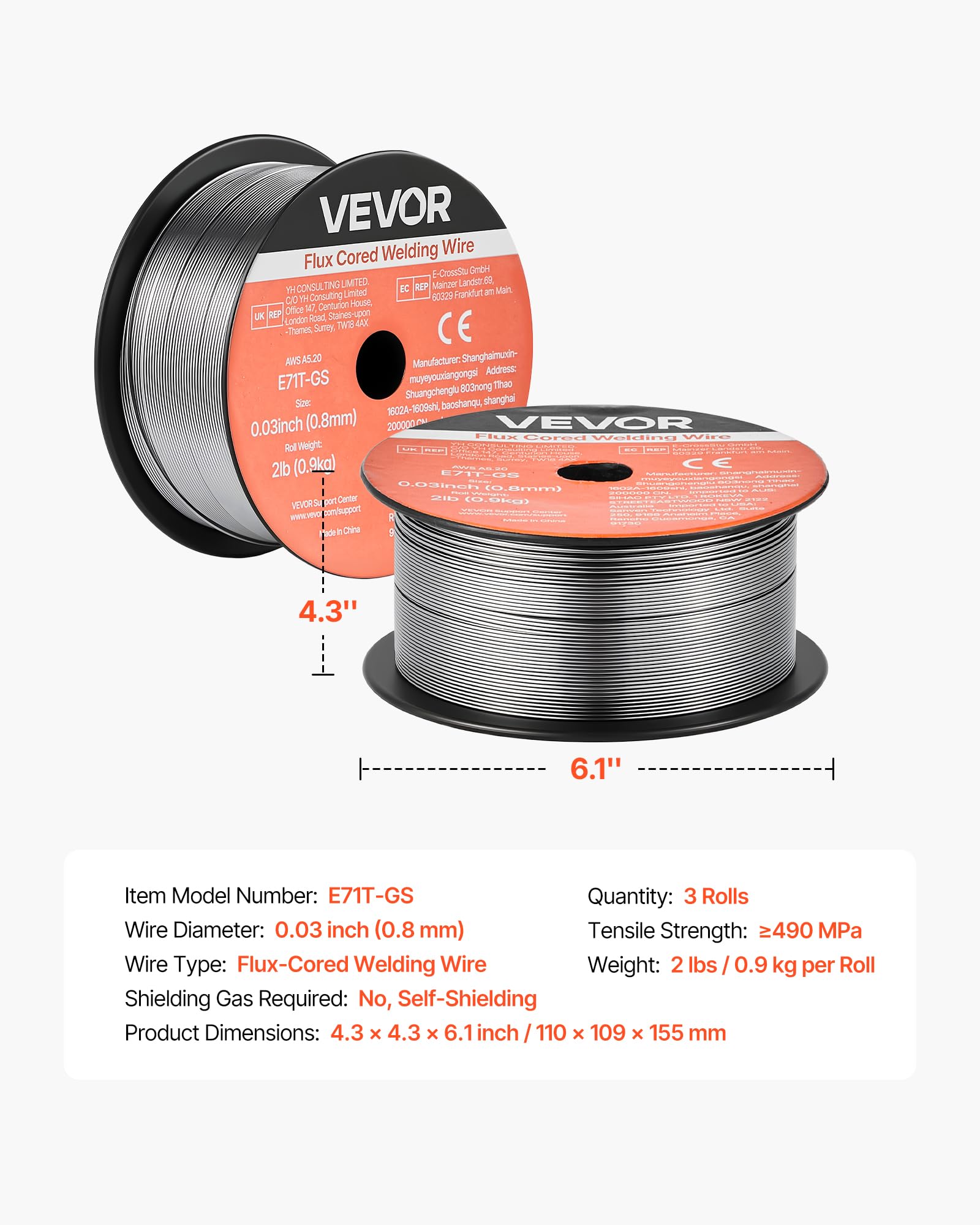 VEVOR Filo MIG per Saldatura, E71T-GS 0,8 mm 0,9 kg, in Acciaio Dolce Senza Gas con Pochi Schizzi per Saldatura ad Arco in Tutte le Posizioni, Autoprotetto per Uso Esterno, Confezione da 3 Rotoli
