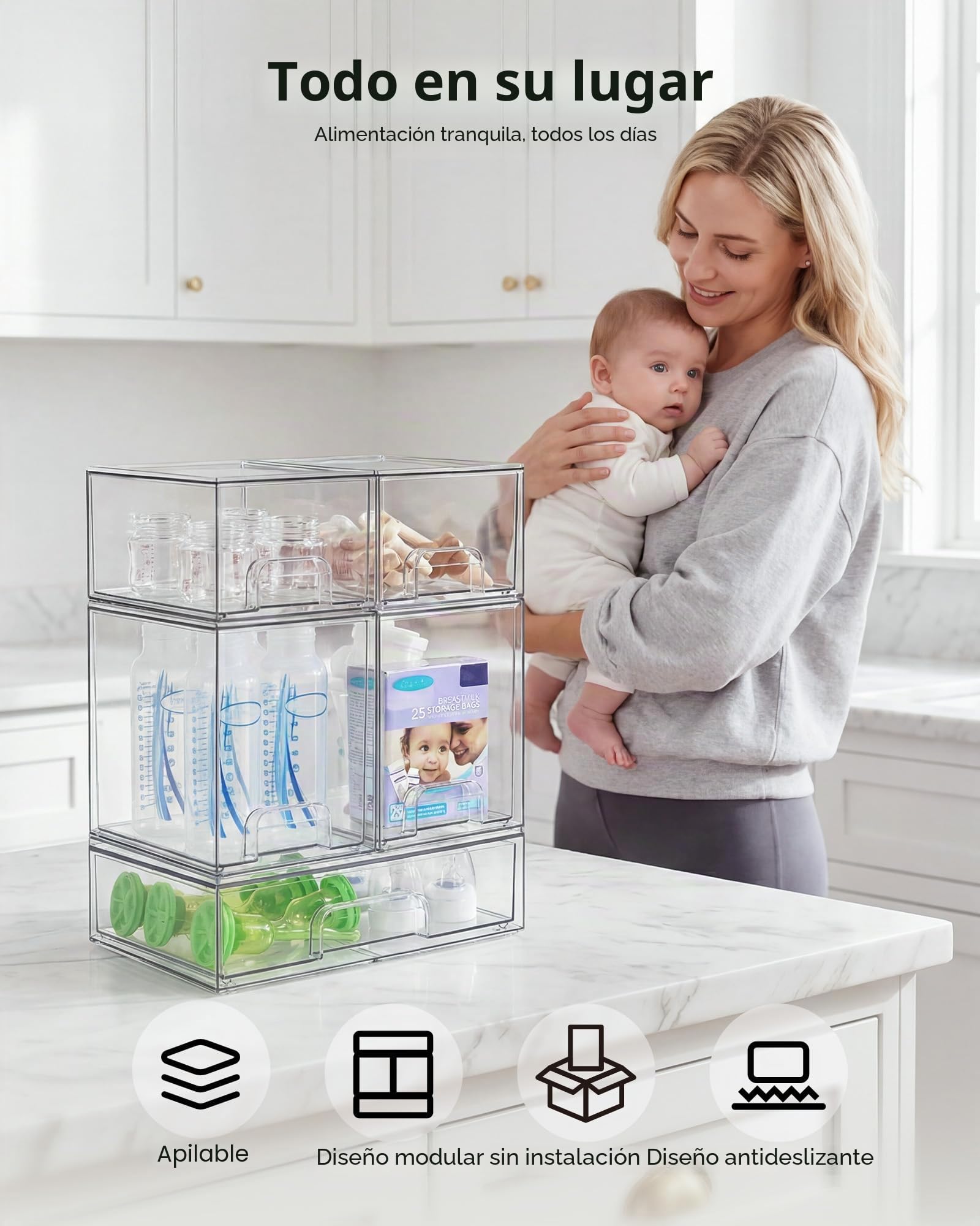 Vtopmart - Juego de 5 cajones de almacenamiento apilables, contenedores organizadores transparentes de plástico para biberones, almacenamiento de artículos de belleza, ideal para encimera de cocina