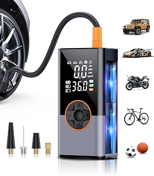 Tire Inflator Portable Air Compressor, Cordless Tire Pump with LED Super Bright Light for Car, Bicycle, Motorcycle