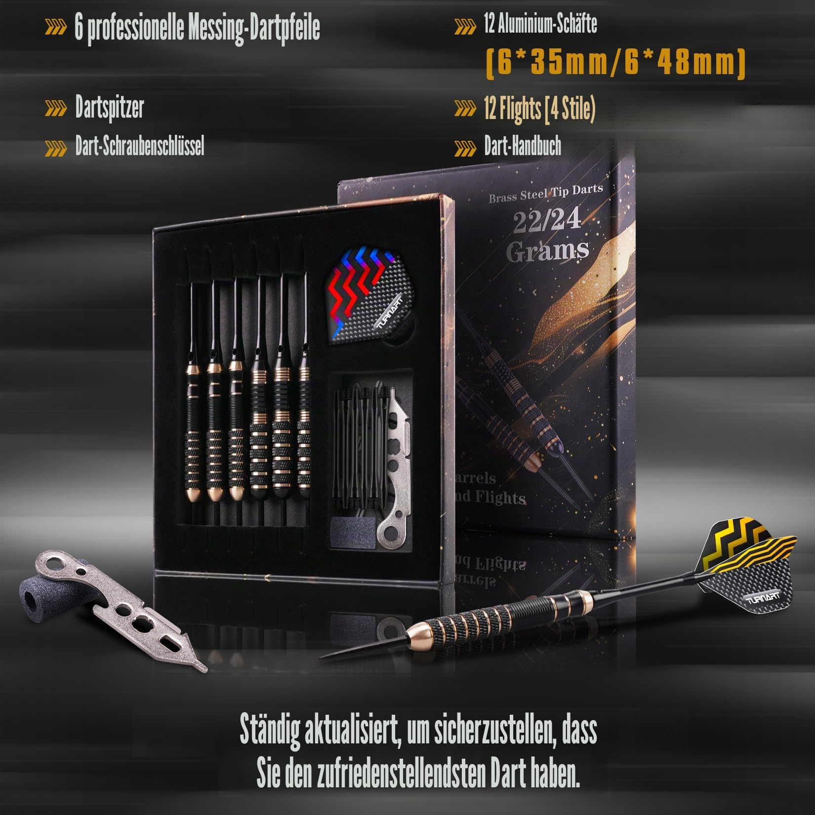 Turnart Darts Metallspitze Set - Professionelle Darts Messing Barrels Stahlspitze Darts 6 Stück 22/24 Gramm Darts Set
