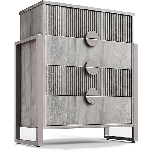LGHM Fluted Dresser for Bedroom with 4 Drawers, Modern 4 Drawers Dressers with Semicylinder Fluted, Solid Chest of Drawers, 36" Tall Dresser with Bold Steel Frame, Metal Handles, Gray