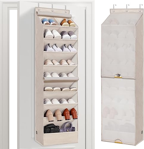 STORAGE MANIAC Organizador de zapatos para colgar sobre la puerta con cortina, resistente al polvo, organizador de zapatos grande y profundo para