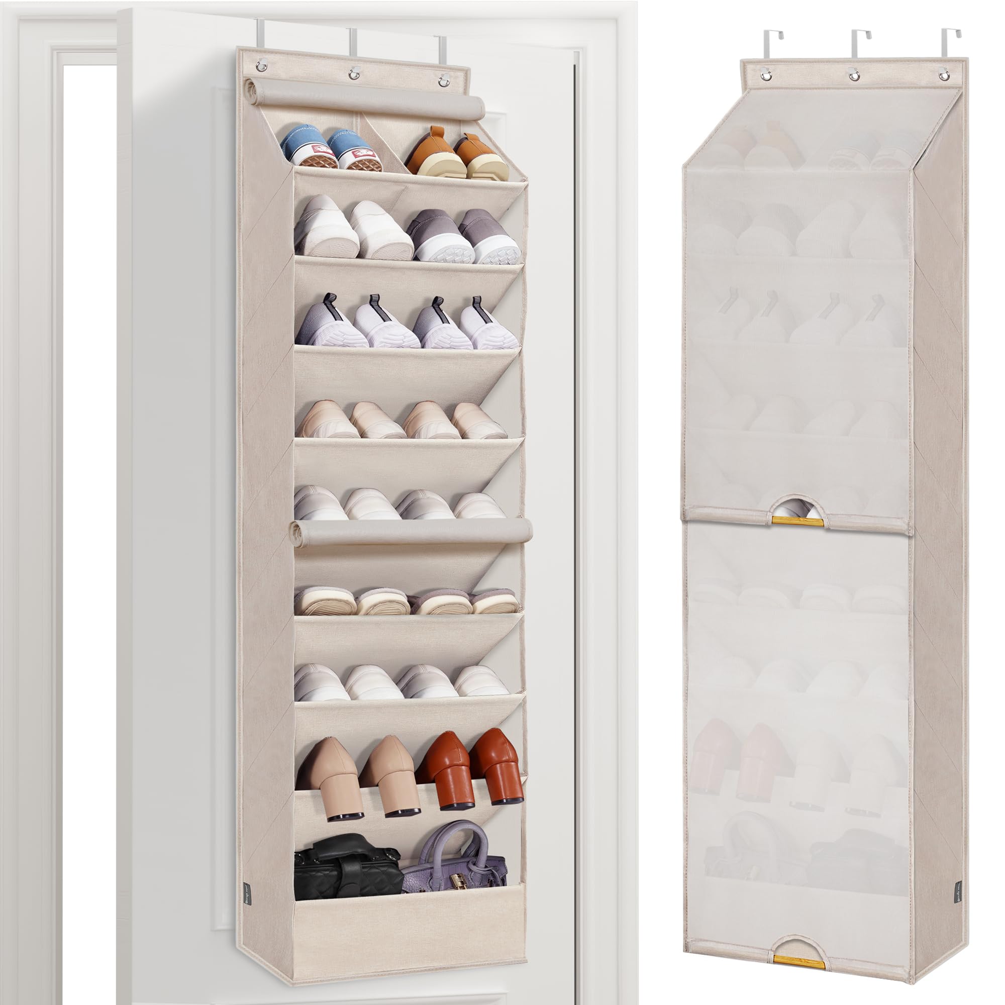 STORAGE MANIAC Over the Door Shoe Organizer with Curtain Dustproof Heavy-Duty Large Deep Pocket Hanging Shoe Organizer for Closet Dorm & Narrow Door Storage Shoe Holder Shoe Rack, 9-Shelf Beige 1 Pack