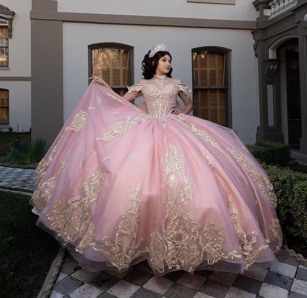 Mouccy Gold Appliques Tassel Quinceanera Dresses Off Shoulder Beaded 15 Dresses Luxury Tulle Sweet 16 Dress with Big Bow - Image 2