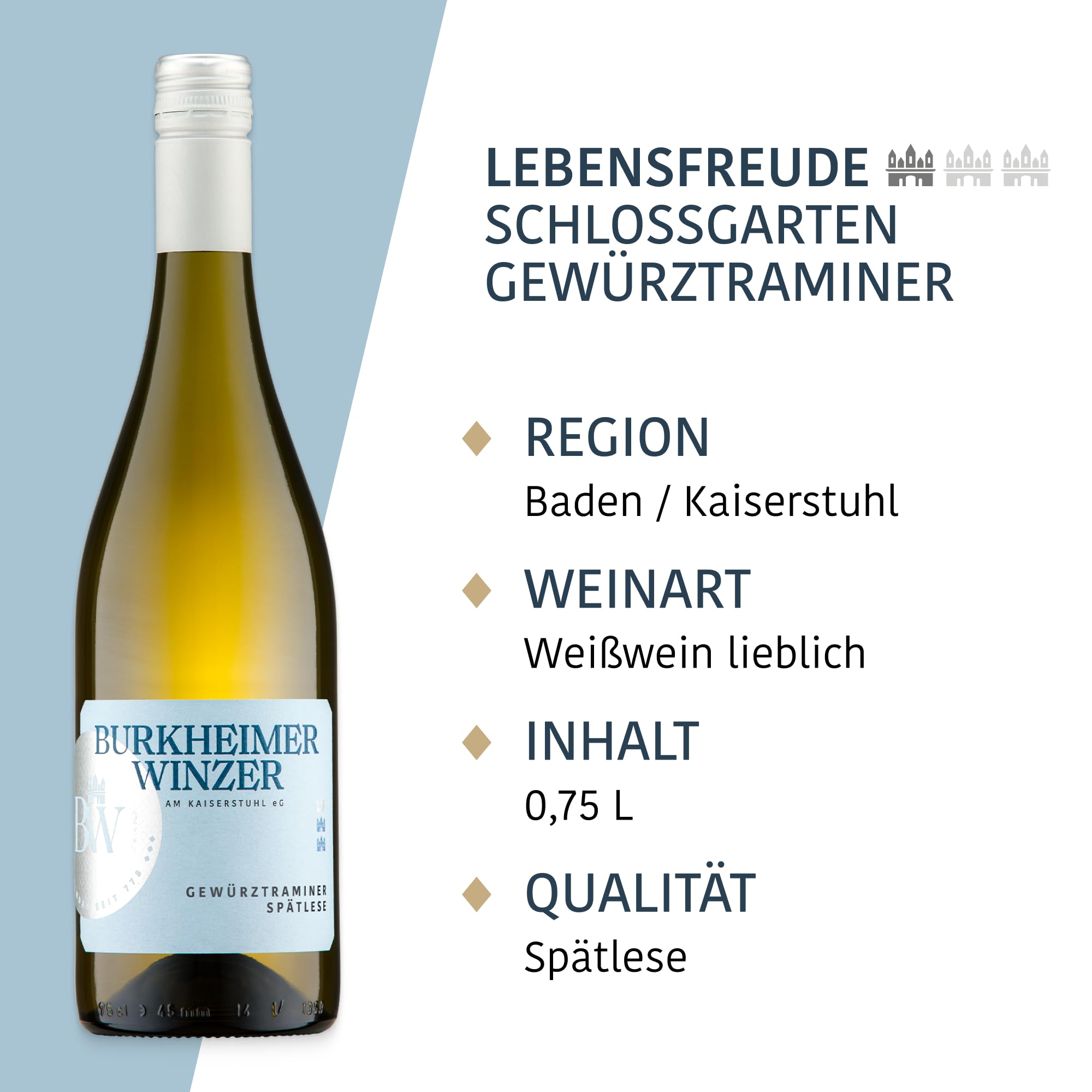 Burkheimer Gewürztraminer Weißwein lieblich Spätlese - aus dem Schlossgarten mit zartrauchigem Rosenduft und fruchtiger Würze - Lebensfreude Kollektion - vom Kaiserstuhl (6 x 0,75l)