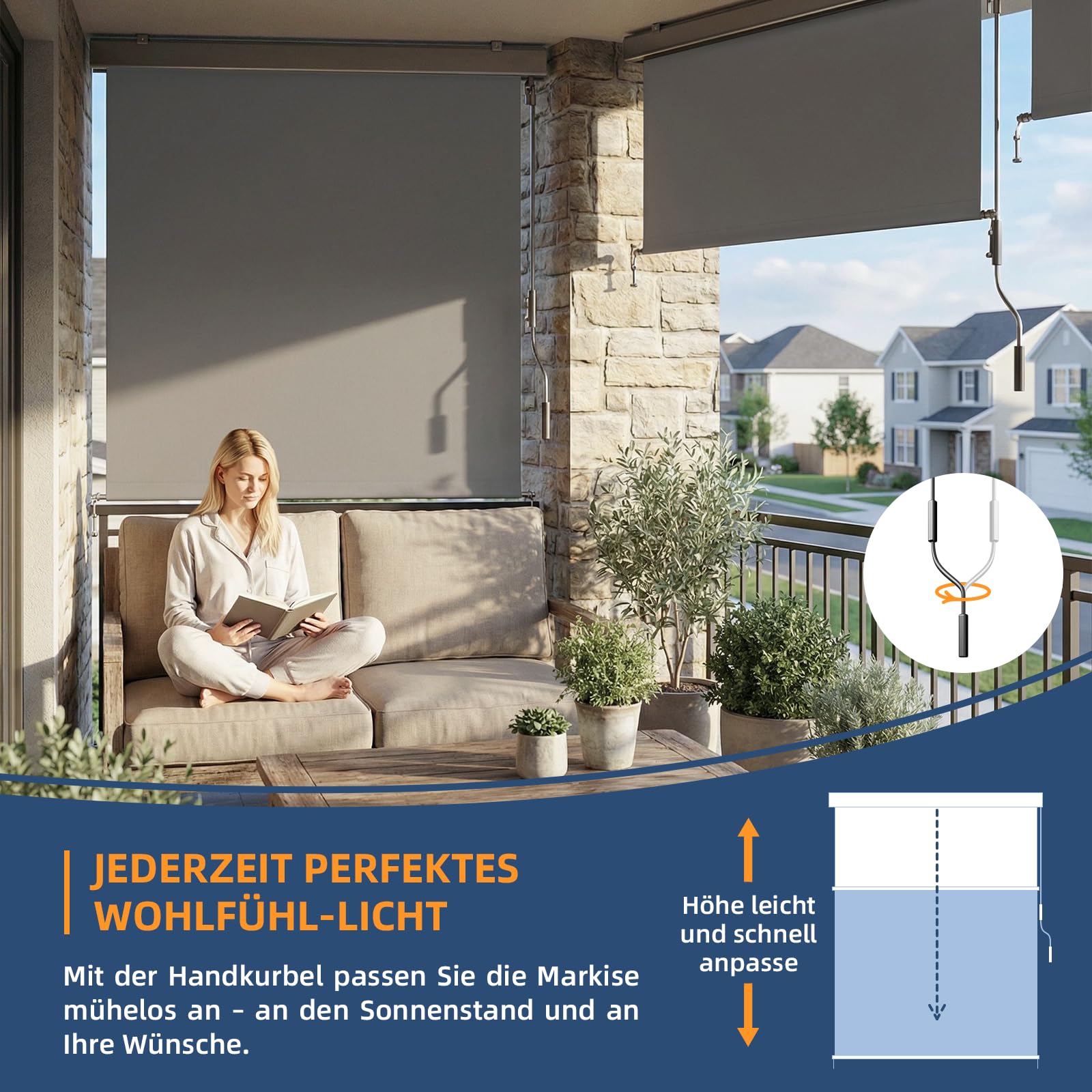 UDPATIO Senkrechtmarkise außen 160x250cm, Balkon Sichtschutz, Markise mit Handkurbel, Außenrollo Wetterfest Sonnenschutz, 280g/m² Balkonrollo aus Aluminium für Terrasse, Grau Wasserdicht