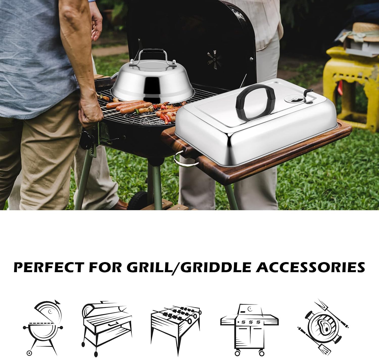 2Pcs Melting Dome for Griddle, Leonyo 13" Rectangle Basting Cover with Adjustable Vent, Stainless Steel 9" Round Burger Dome Lid for Cheese, BBQ Heavy Duty Metal Steam Cover for Flat Top Grill
