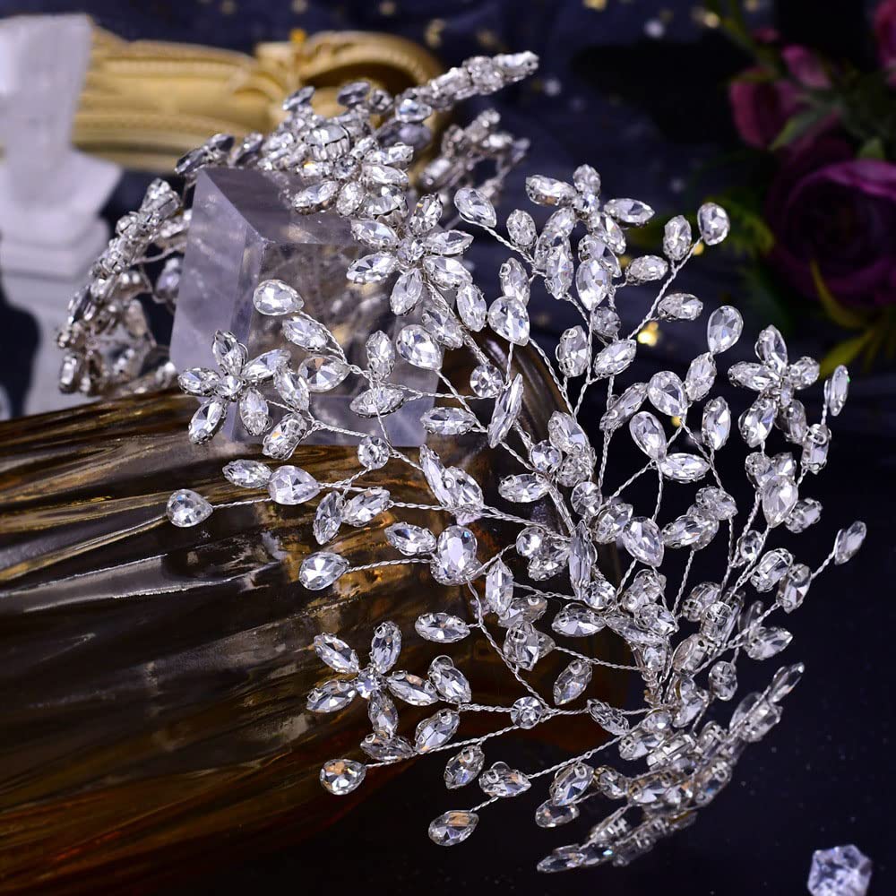 Kopfschmuck Hochzeit Braut Haarschmuck Silber Brautschmuck Haare Hochzeitsschmuck Damen Mädchen Haarreifen aus Strass Geschenk für Brautjungfern (lang 36cm/14inch)