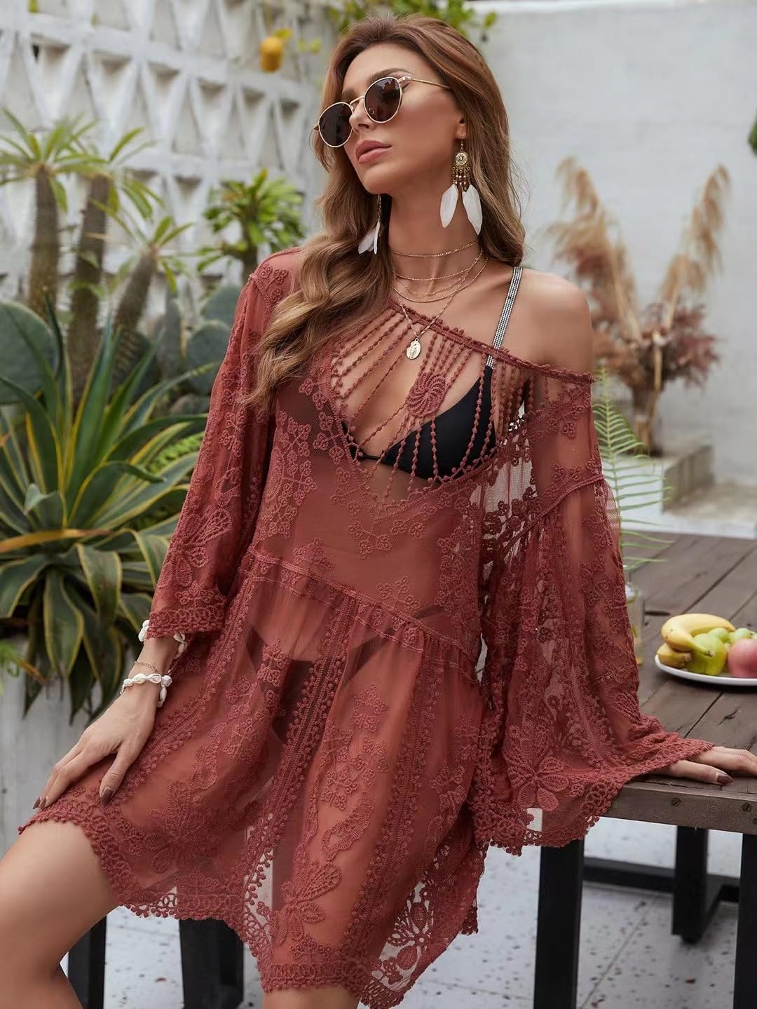 Strandkleid See Through Beach Cover Up Lace Bikini Dress for Women Summer V-Neck Swimwear Kimono Solid Sun Protection Loose Strandkleider