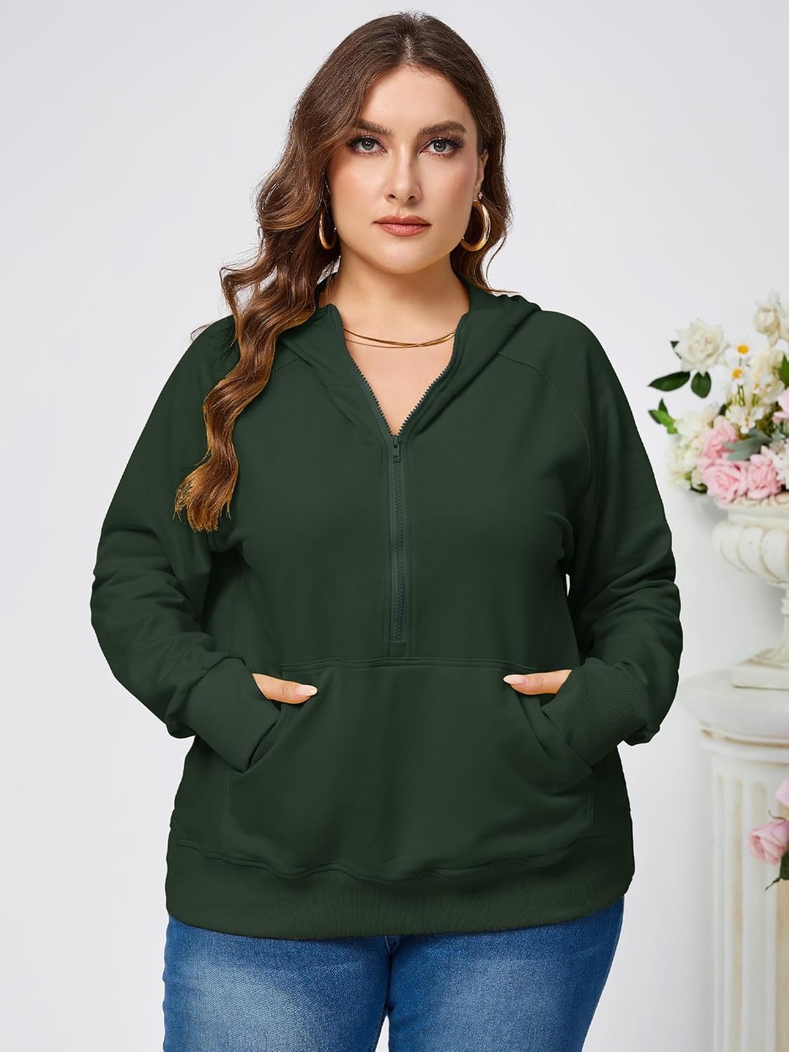 TAKEYAL Womens Plus Size Hoodies Oversized Sweatshirts Half Quarter Zip Pullover Long Sleeve Fall Outfits With Pocket - Image 3