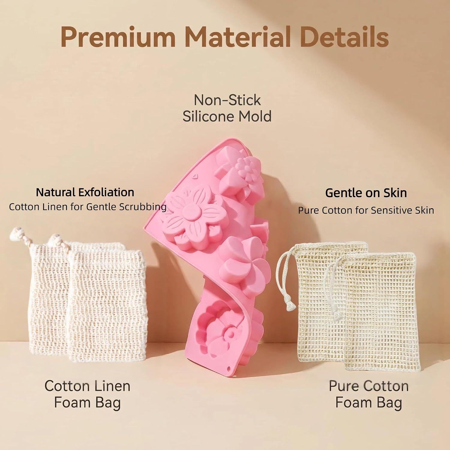 Sharmila 104-Piece Soap Making Kit with 3 Silicone Molds & 4 Foaming Bags | DIY gift set: 48 gift bags, 48 tags, 65ft jute twine. BPA-free food-grade molds. For soap, candle & chocolate making