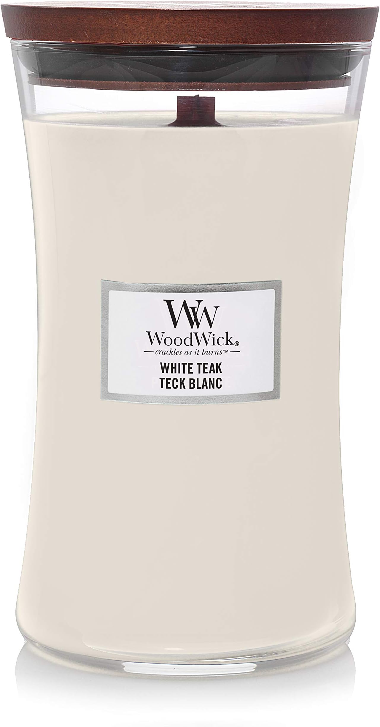 Woodwick Large Hourglass Scented Candle | White Teak | with Crackling Wick | Burn Time: up to 130 Hours