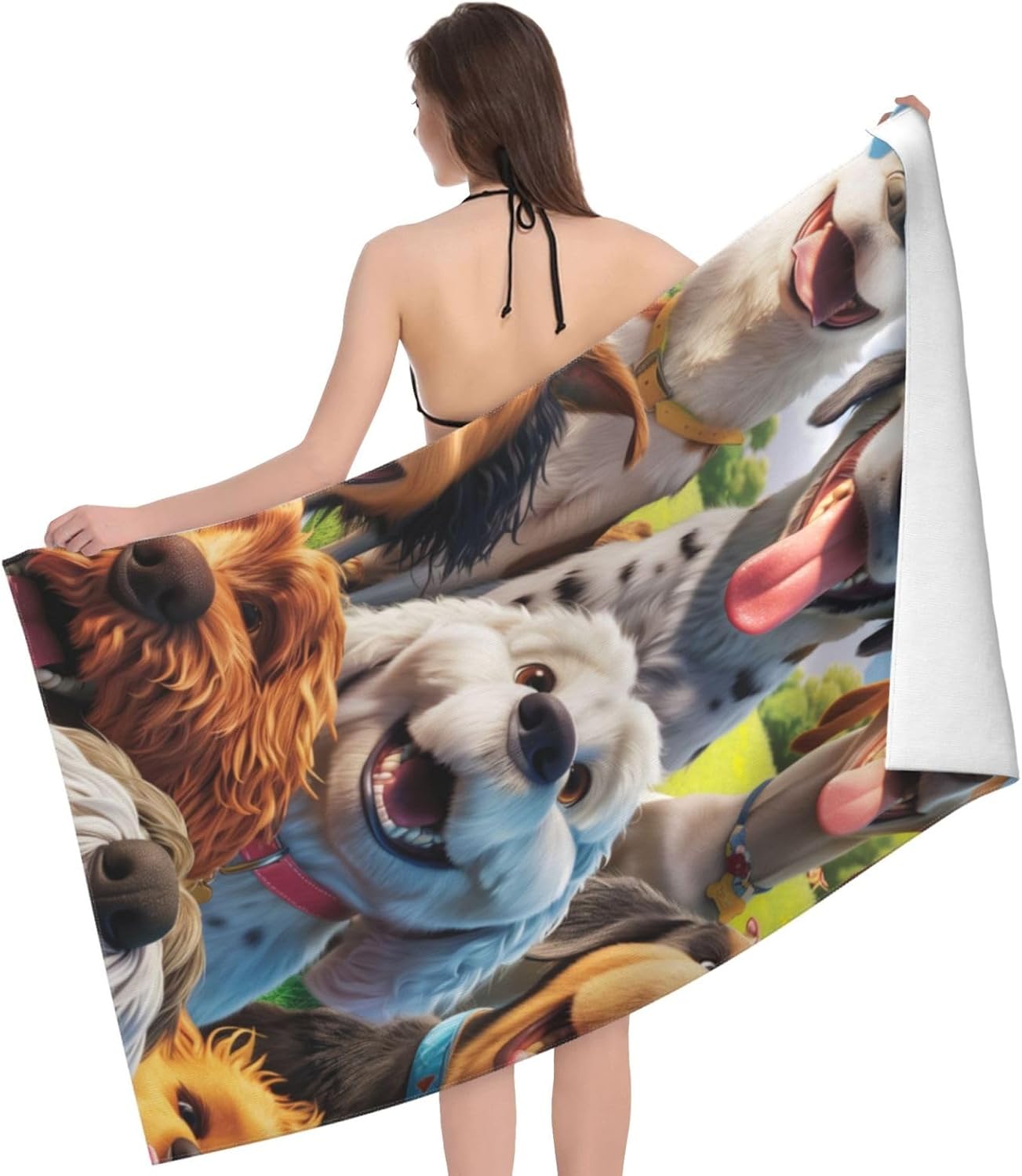 Funny Selfie Dogs Beach Towel for Women, Girls, Kids, Men, Cartoon Dogs Bath Towel Print 52" x 32" Pool Towel Super Soft Plush Cotton Dogs Towel