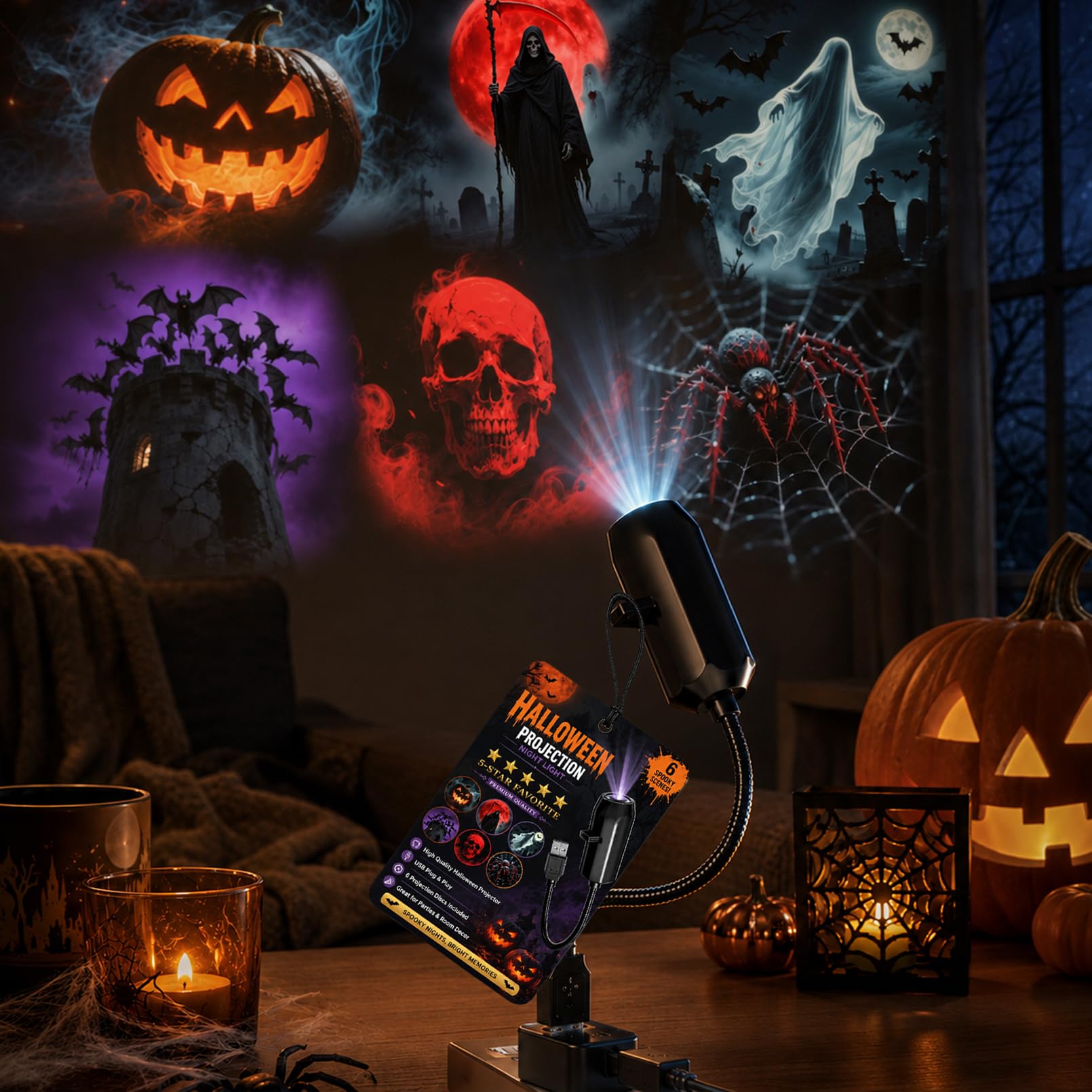 Plug and Play HD Star Projector Halloween 6-Disc Set, Upgraded 360° Rotating USB Powered Halloween Projectors, Ideal for Ceiling & Outdoor Halloween Decor (2set(12 pcs))