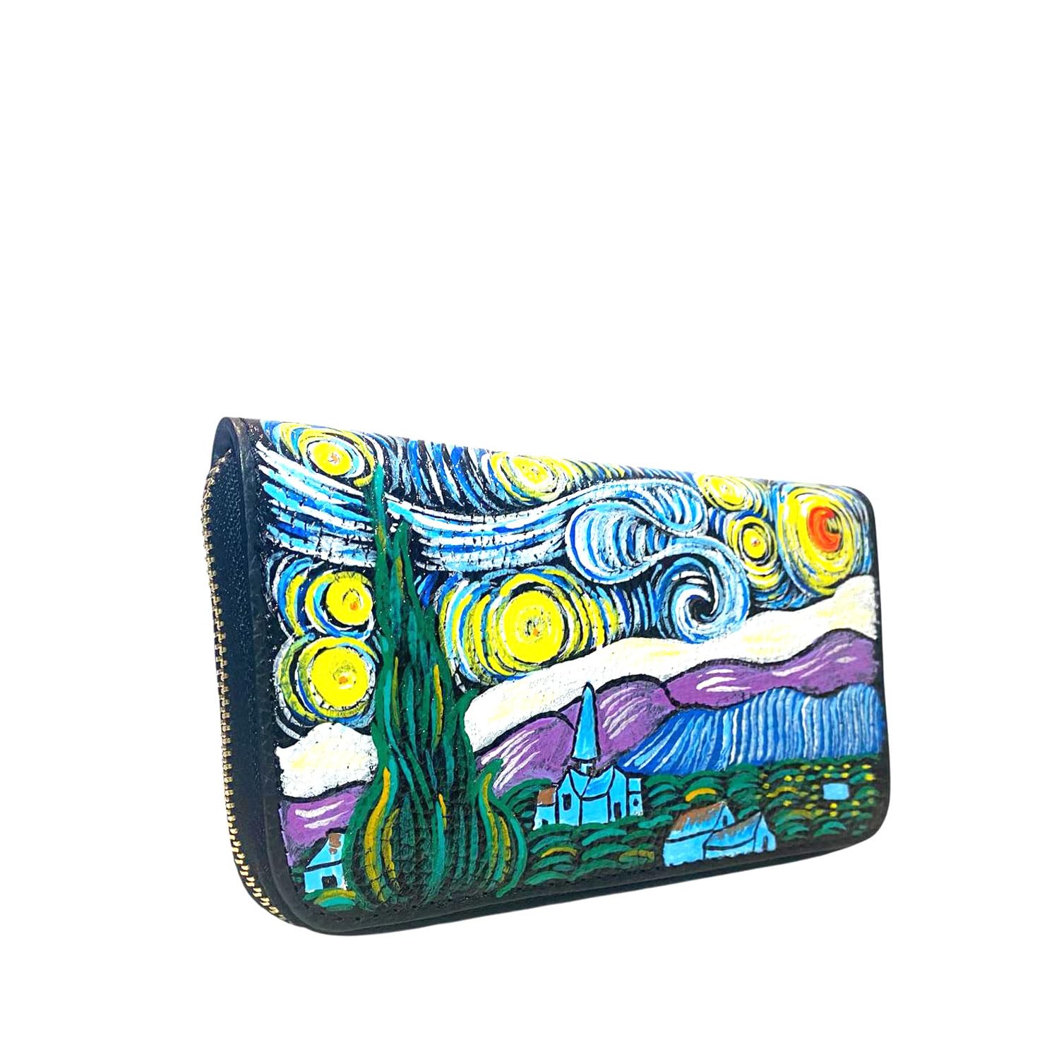 Arte Lisanti Portafoglio da donna in pelle dipinta a mano - LA NOTTE STELLATA QUADRO FAMOSO - Portafogli Donna, Made in Italy, chiusura con cerniera, porta carte credito, Lavorazione Artigianale