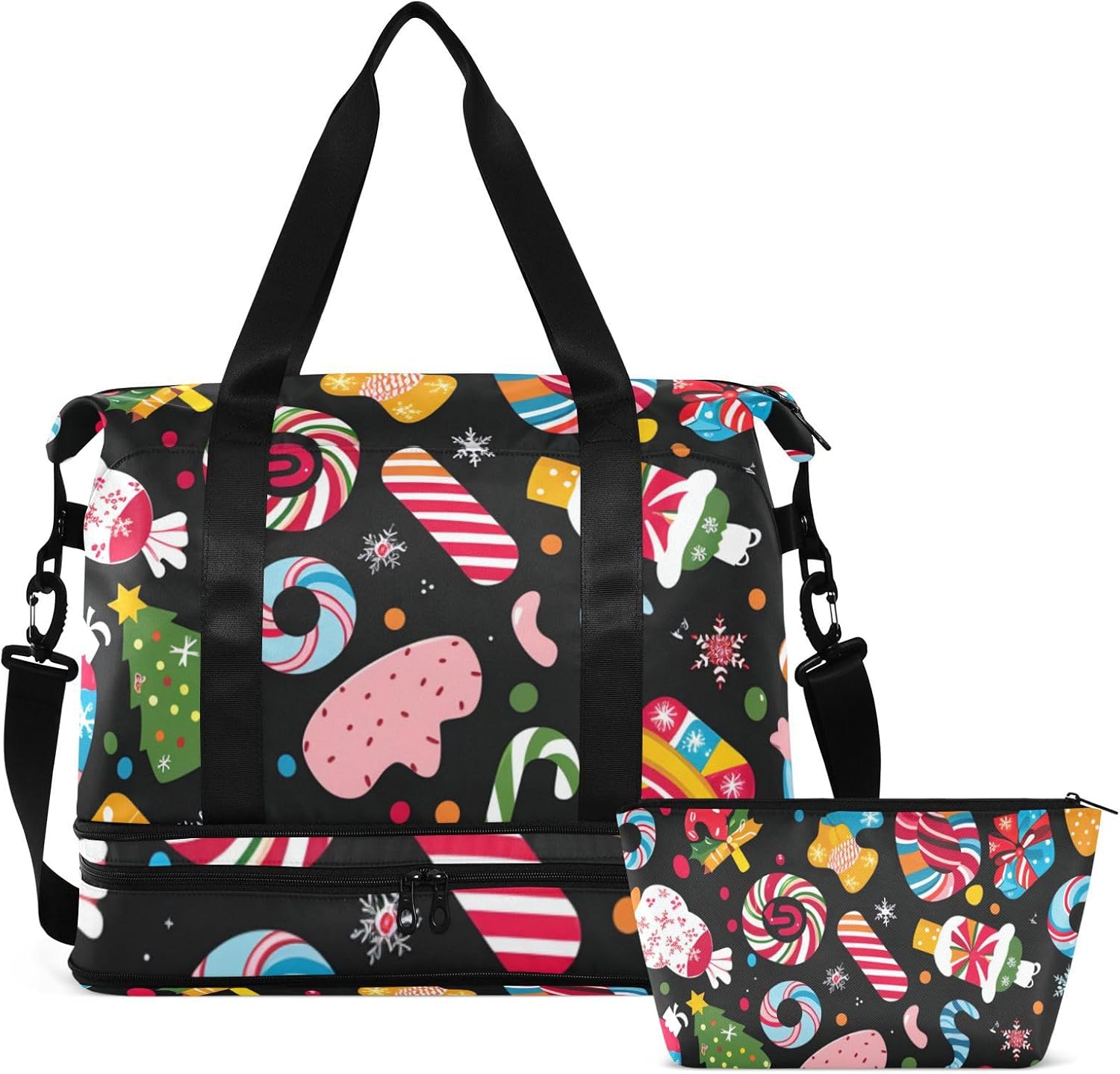 Christmas Candy Sports Gym Bag Carry On Shoulder Weekend Tote with Toiletry Bag for Travel Foldable