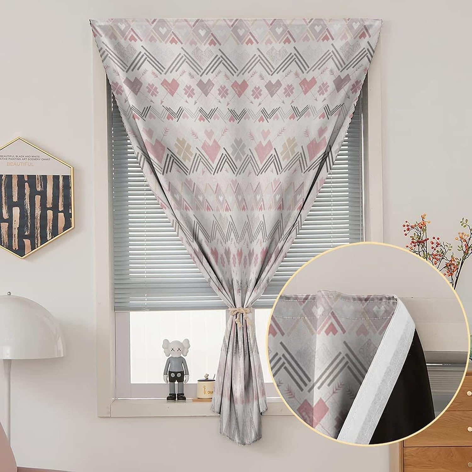 Self Adhesive Portable Blackout Curtains, Pastel Room Darkening Curtains, Tribal American Aztec Style Hearts Geometric Vintage Print Temporary Blackout Blinds,59W x72L Inches,for Children Kids Bedroom