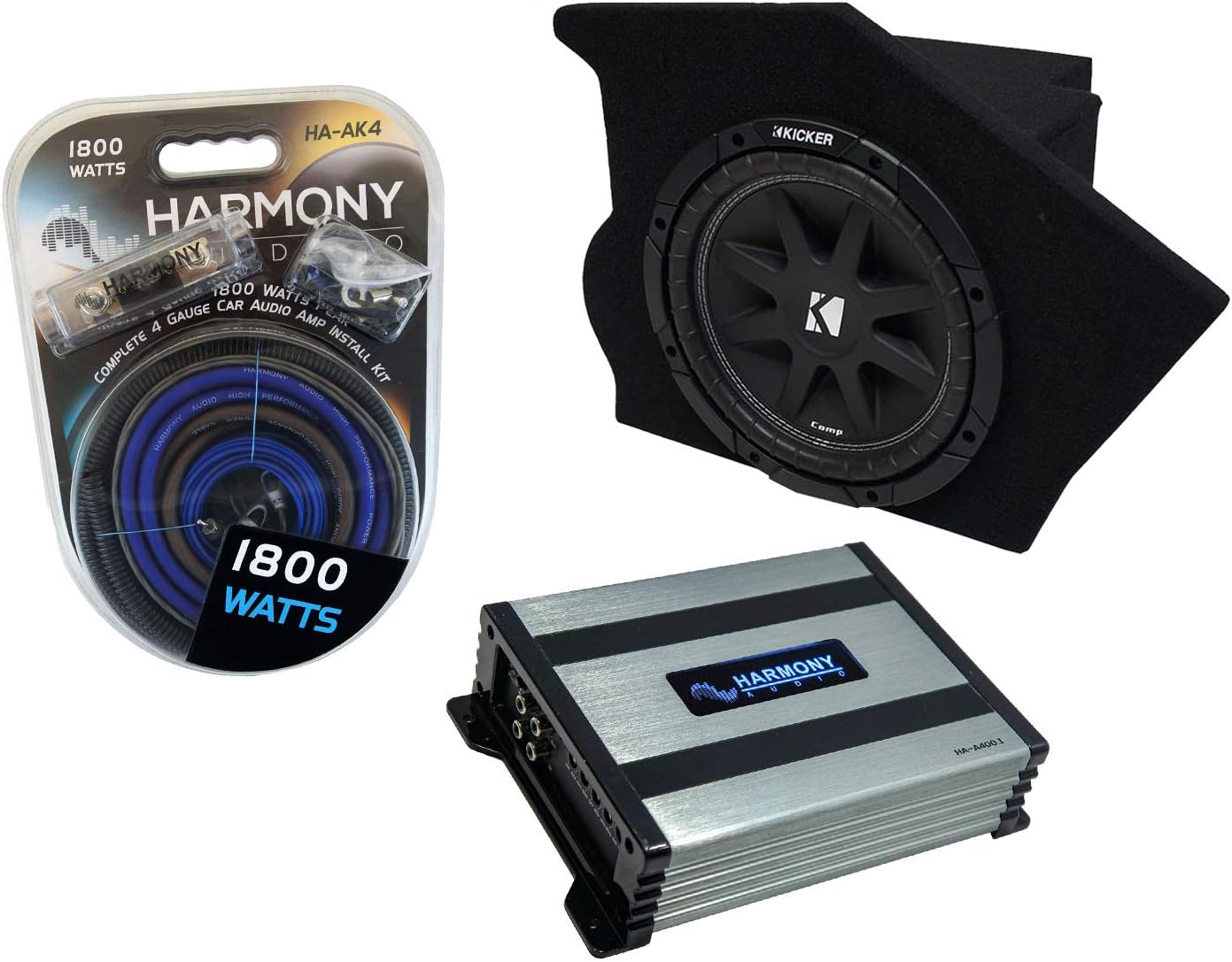 Harmony Audio Compatible with 1993-2002 Pontiac Firebird Coupe Driver Side 10" Kicker Bundle Comp C10 Sub Box Enclosure & Harmony HA-A400.1 Amp