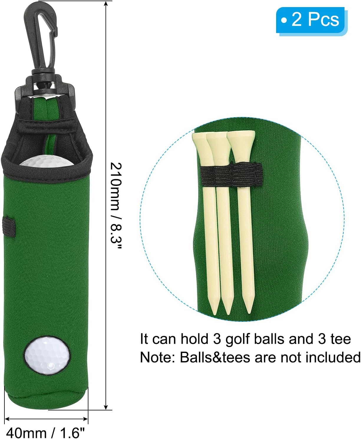 PATIKIL Golf Ball Carry Bag, 2 Pcs Golf Tee Holder Pouch Portable Neoprene Golf Ball Holder with Clip for Men and Women Storage Gifts, Forest Green - Image 2
